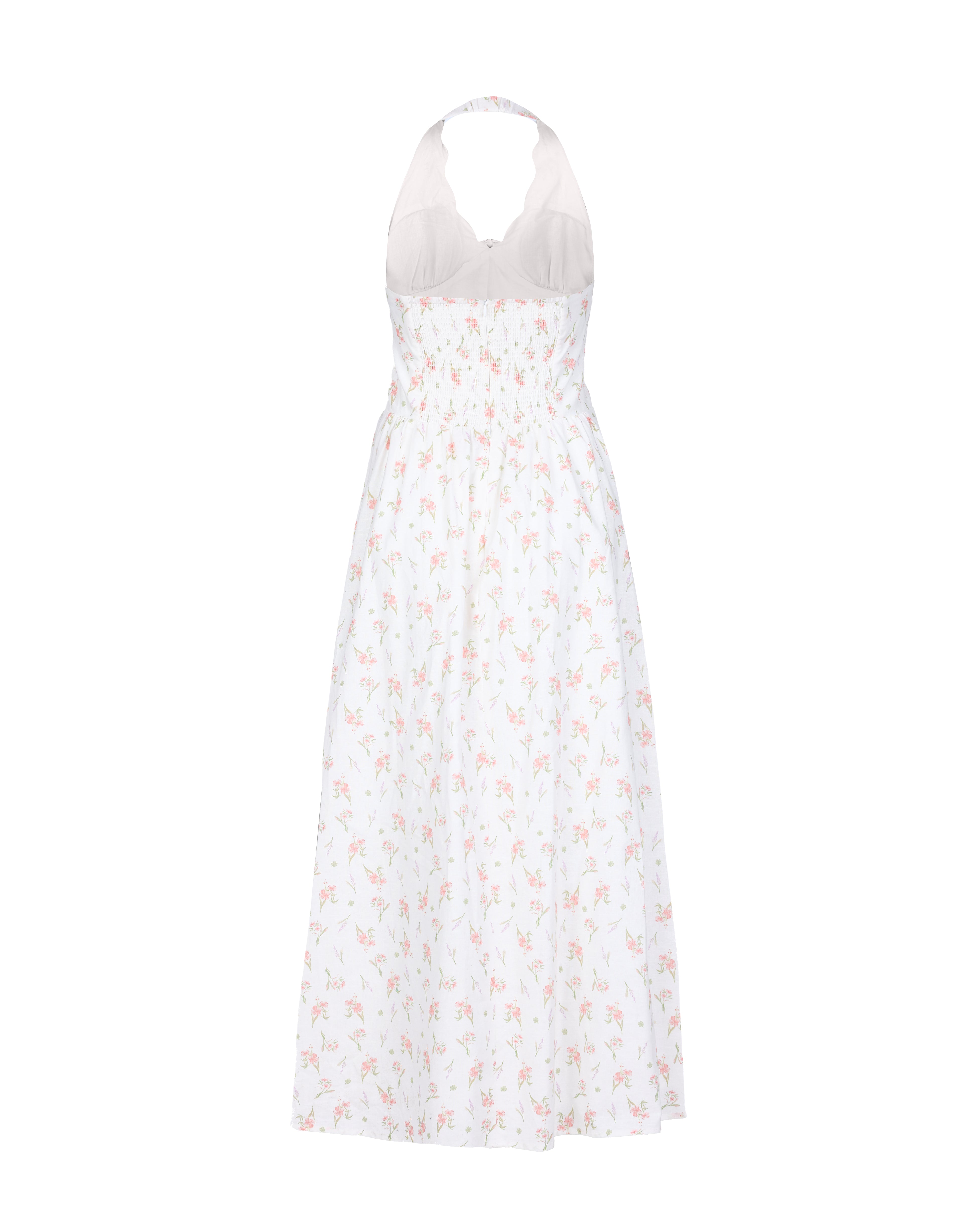 Broadway Scallop Halter Maxi Padded Dress in Lucky Bloom (Cream)