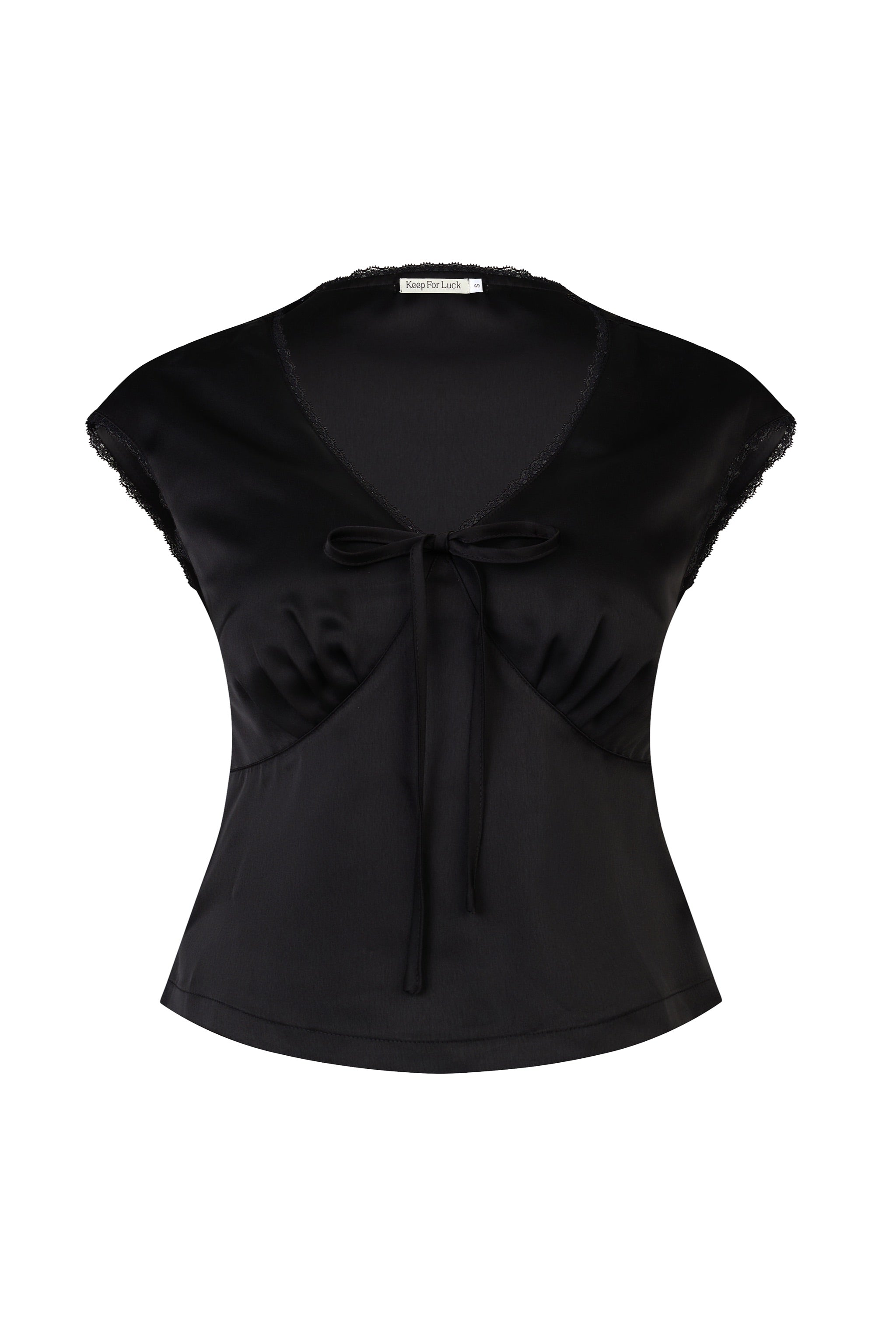 Favoured Lace Trim V-neck Padded Satin Top in Black