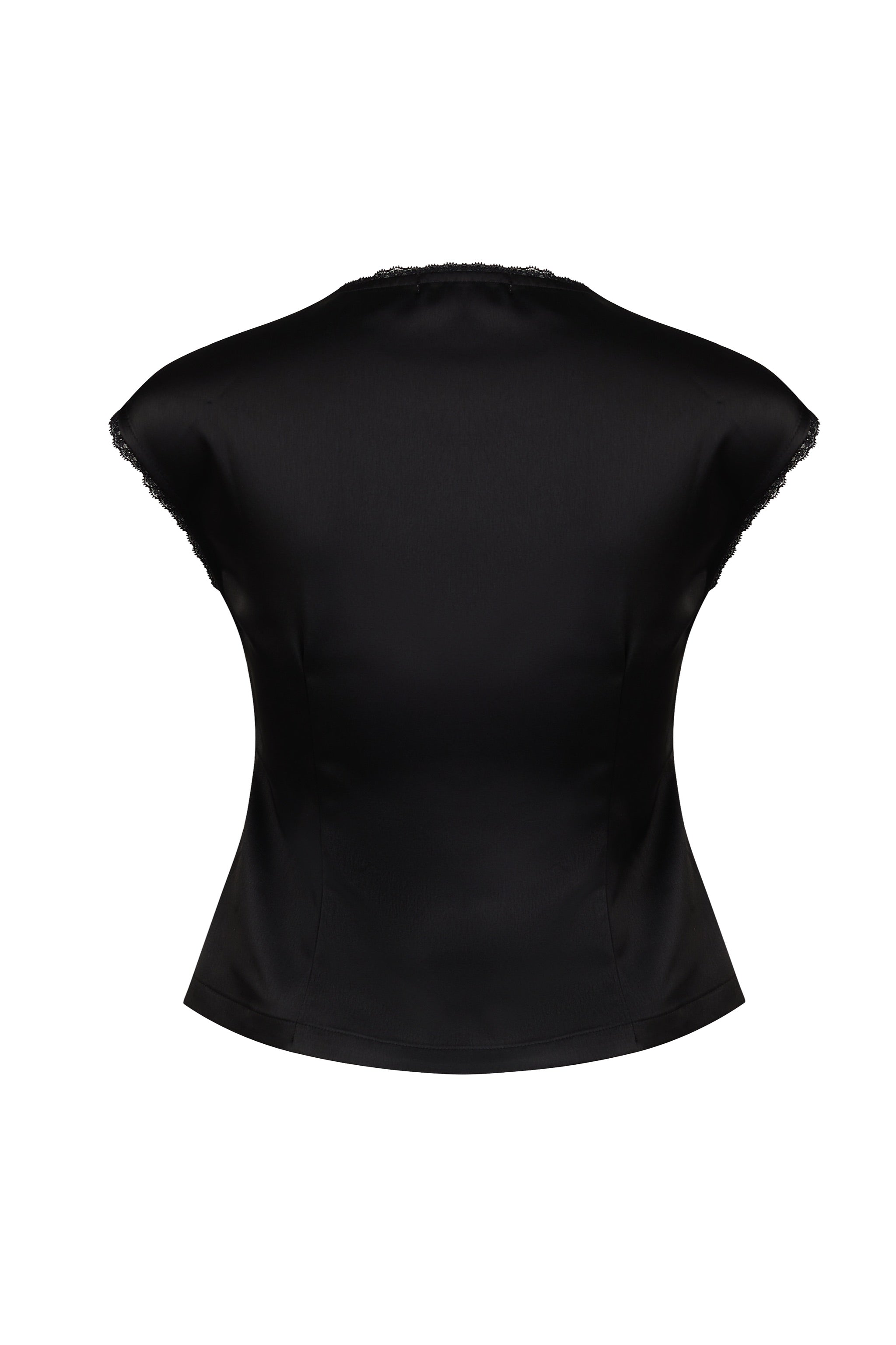 Favoured Lace Trim V-neck Padded Satin Top in Black