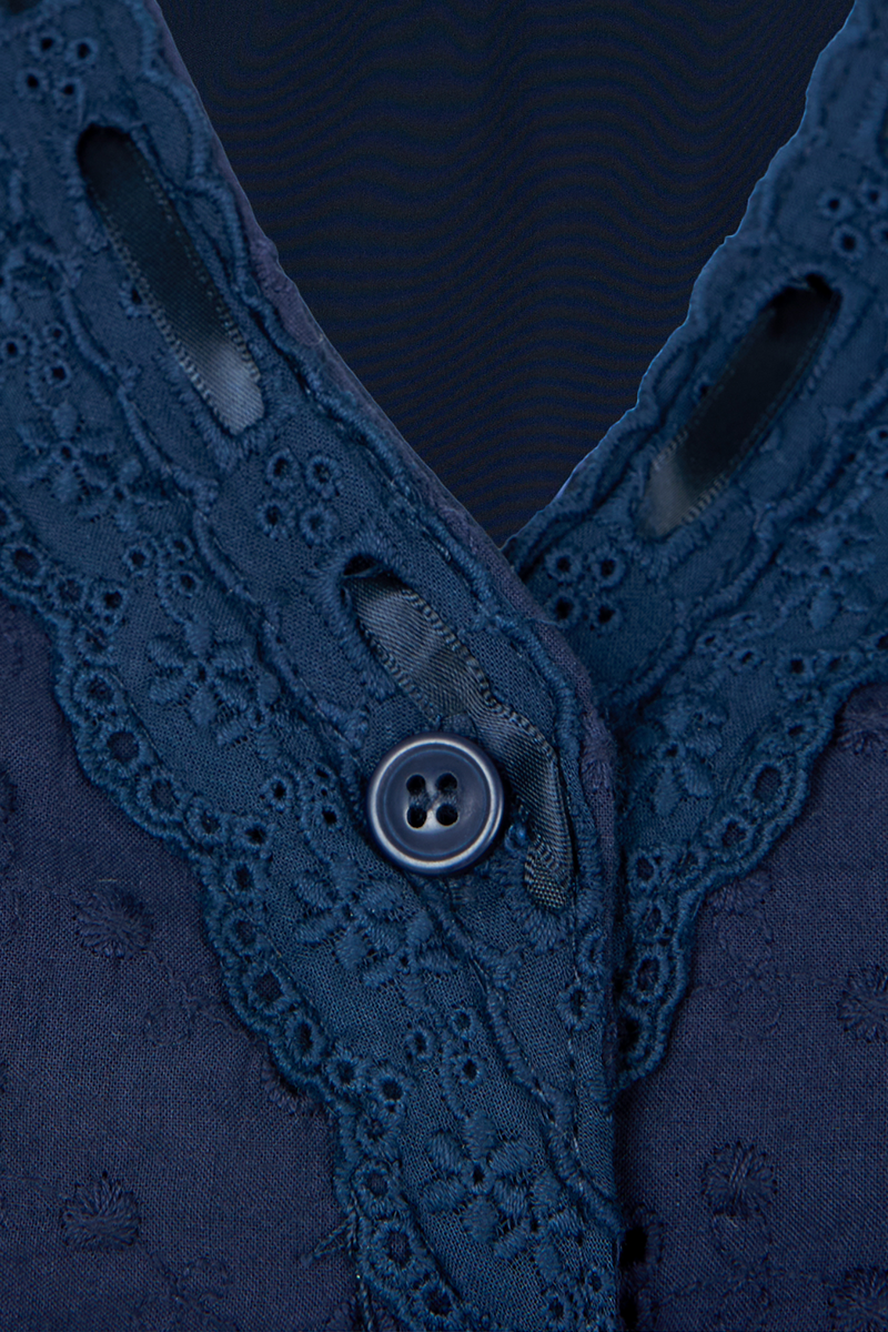 Soft Spot Lace Trim Eyelet V-neck Top in Navy