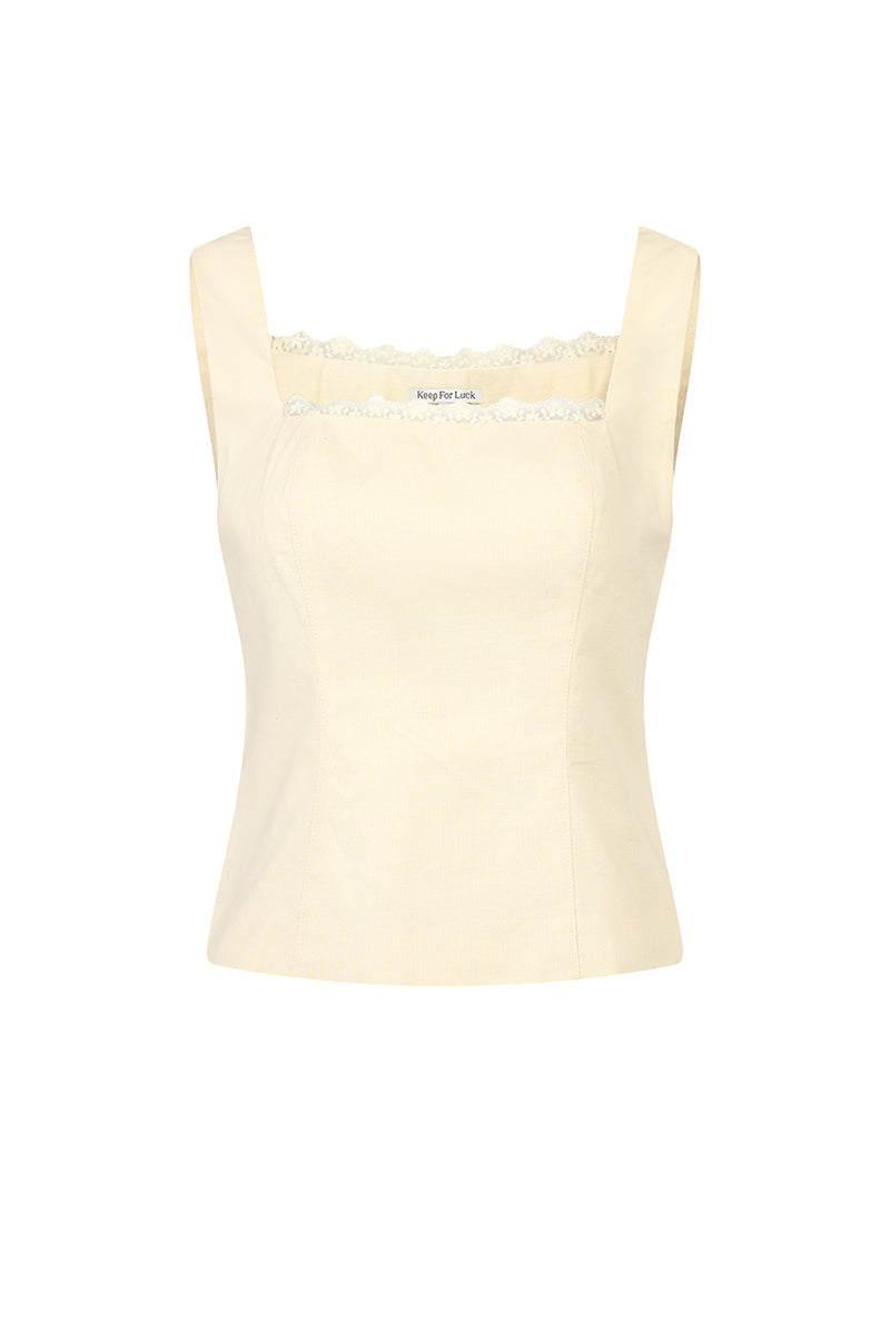 Daylight Plans Lace Trim Linen Square Neck Top in Yellow Creme