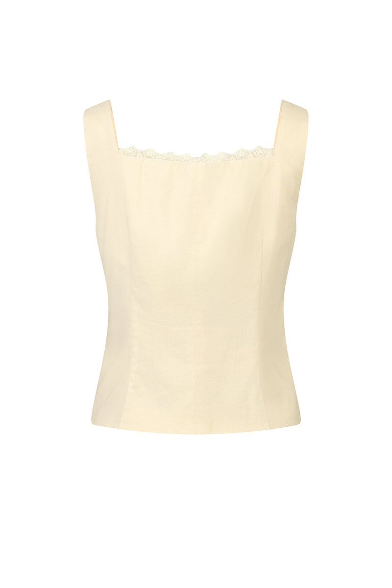 Daylight Plans Lace Trim Linen Square Neck Top in Yellow Creme