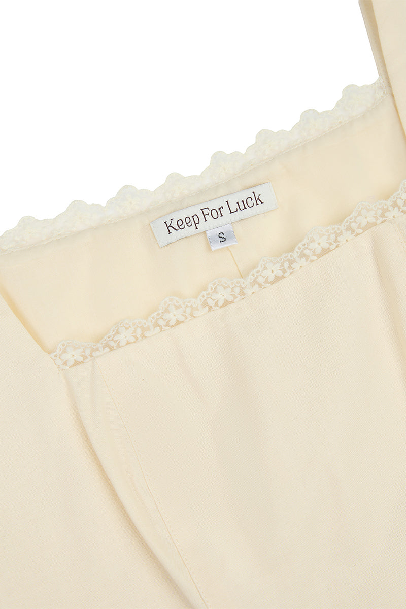 Daylight Plans Lace Trim Linen Square Neck Top in Yellow Creme