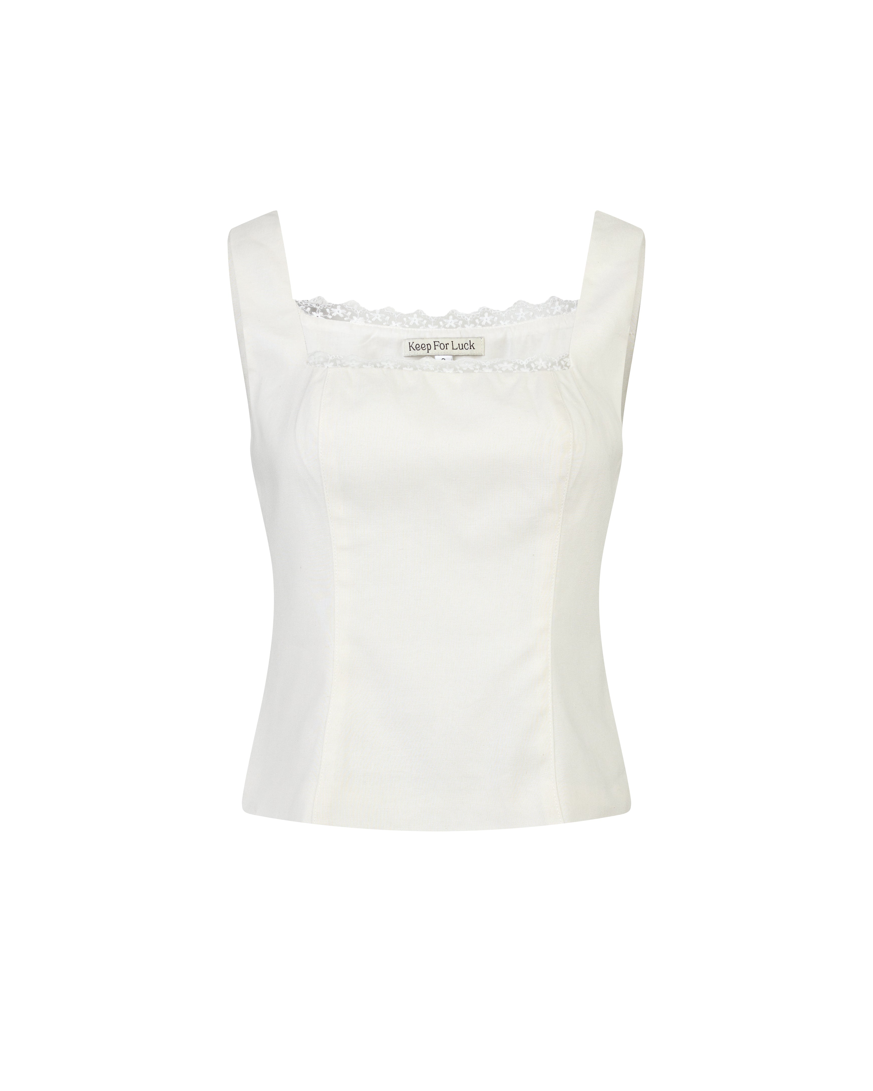 Daylight Plans Lace Trim Linen Square Neck Top in White