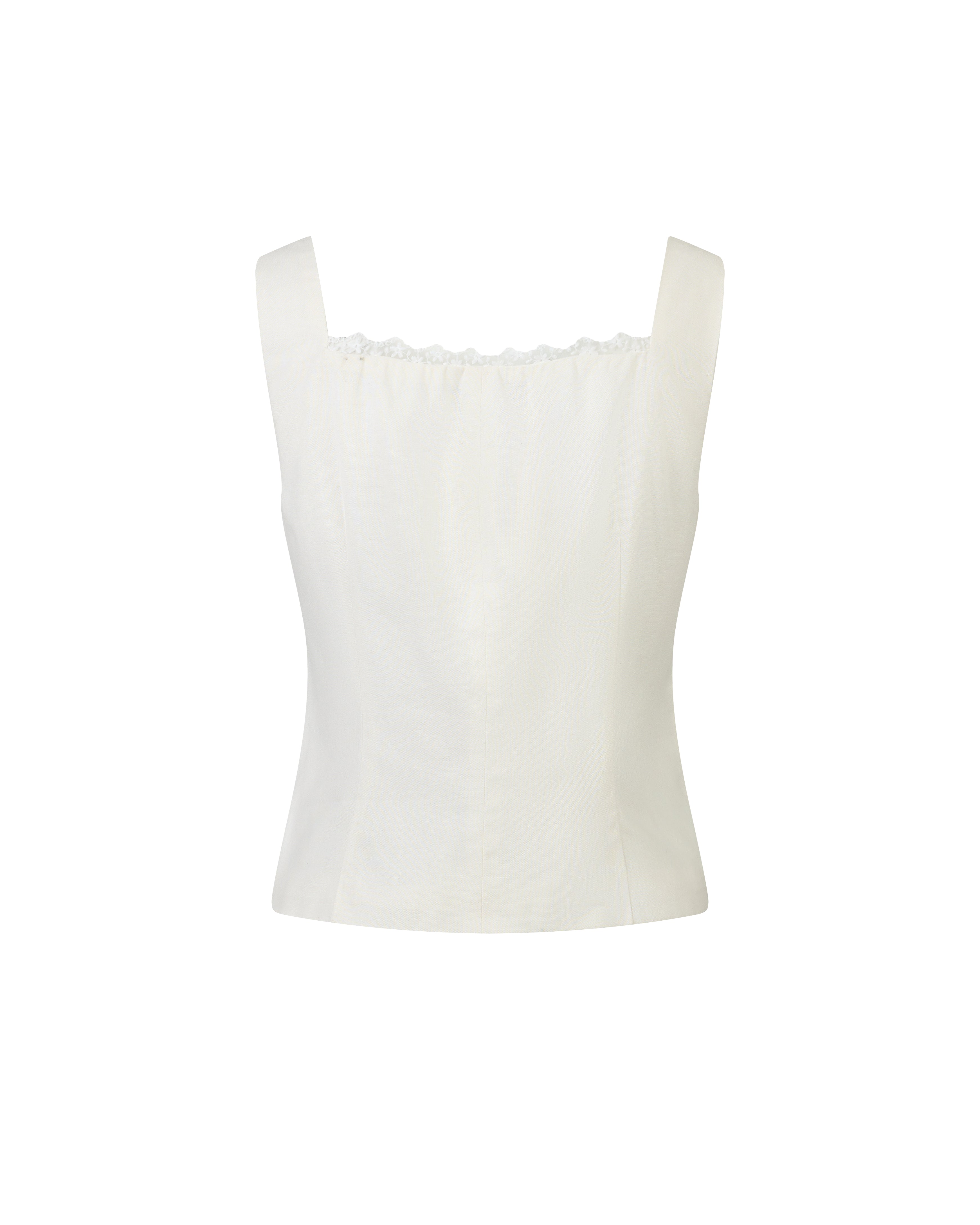 Daylight Plans Lace Trim Linen Square Neck Top in White