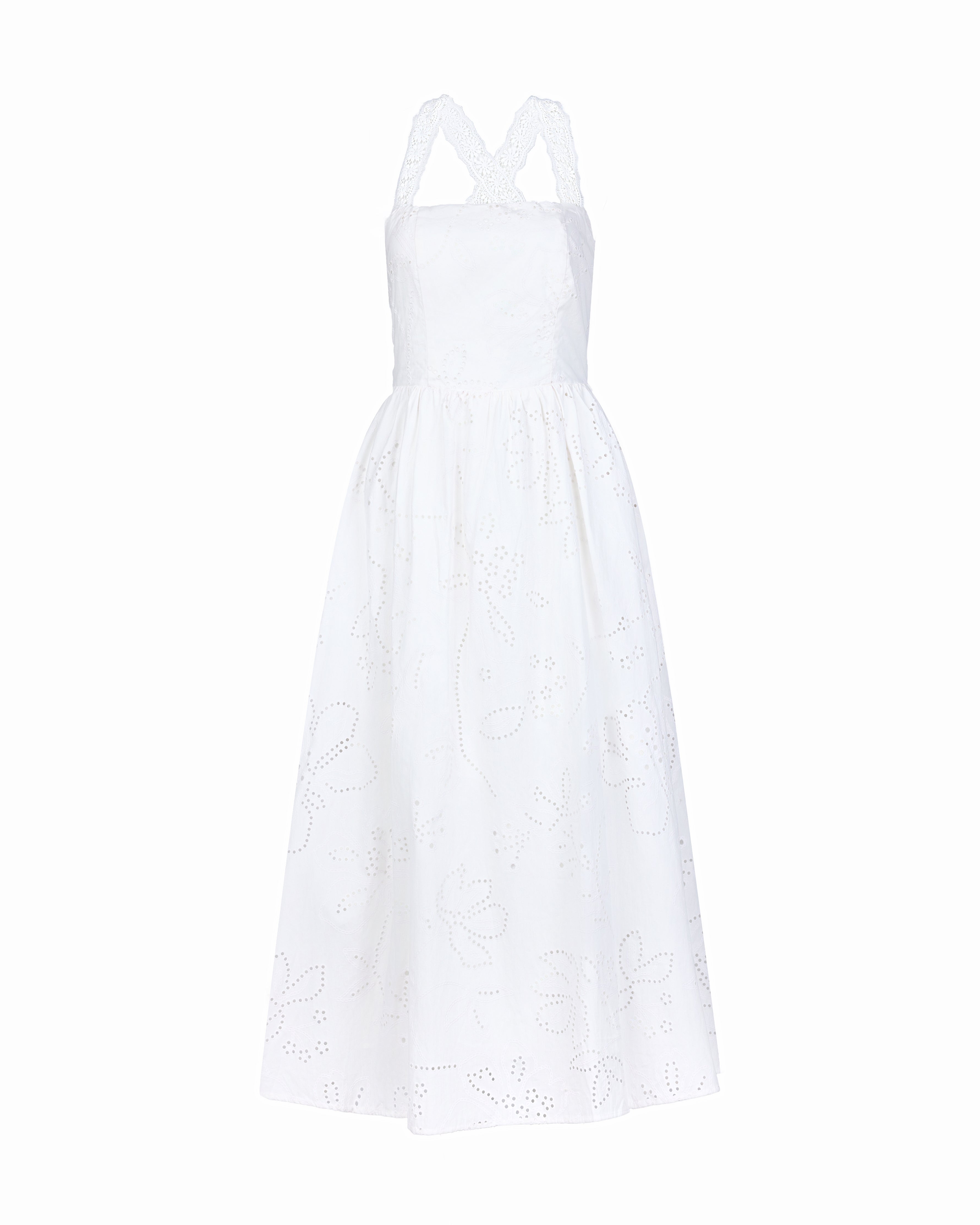 Smitten Crossback Eyelet Midaxi Padded Dress in Ivory