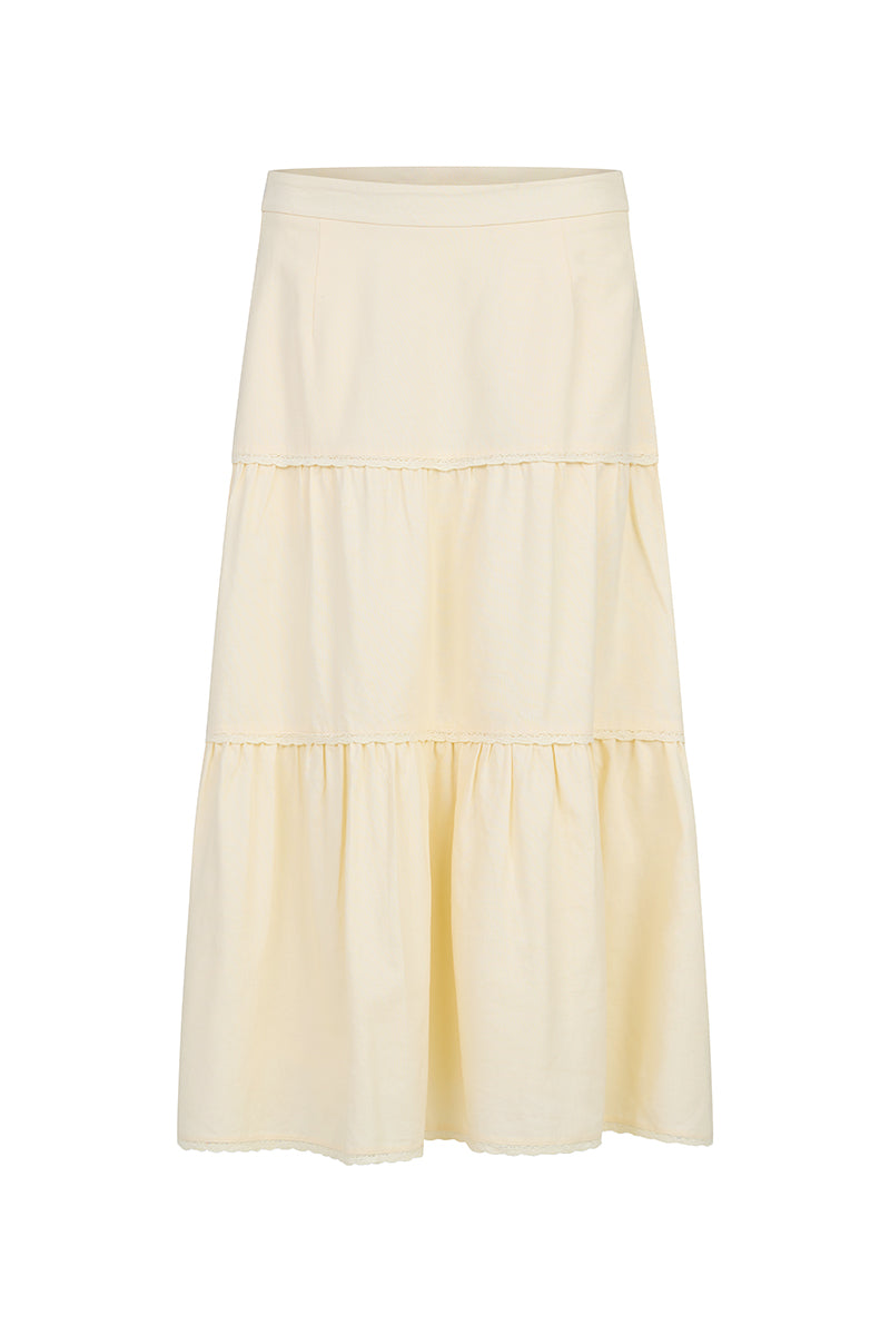 Summer House Lace Trim Tiered Linen Maxi Skirt in Yellow Creme
