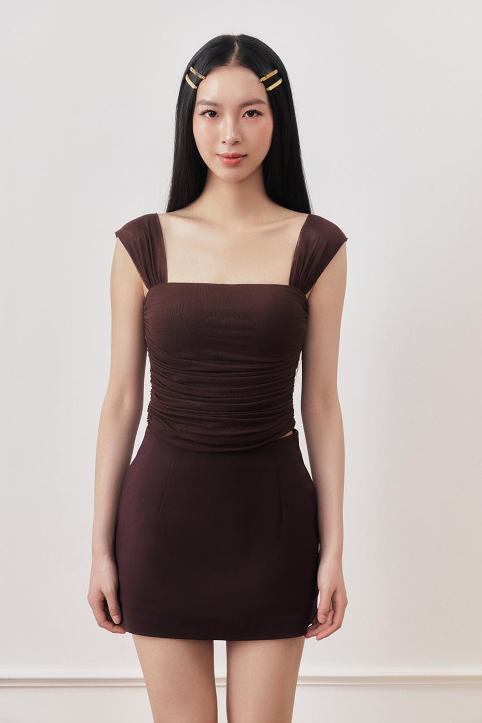 Double Take Padded Ruched Mesh Top in Coffee