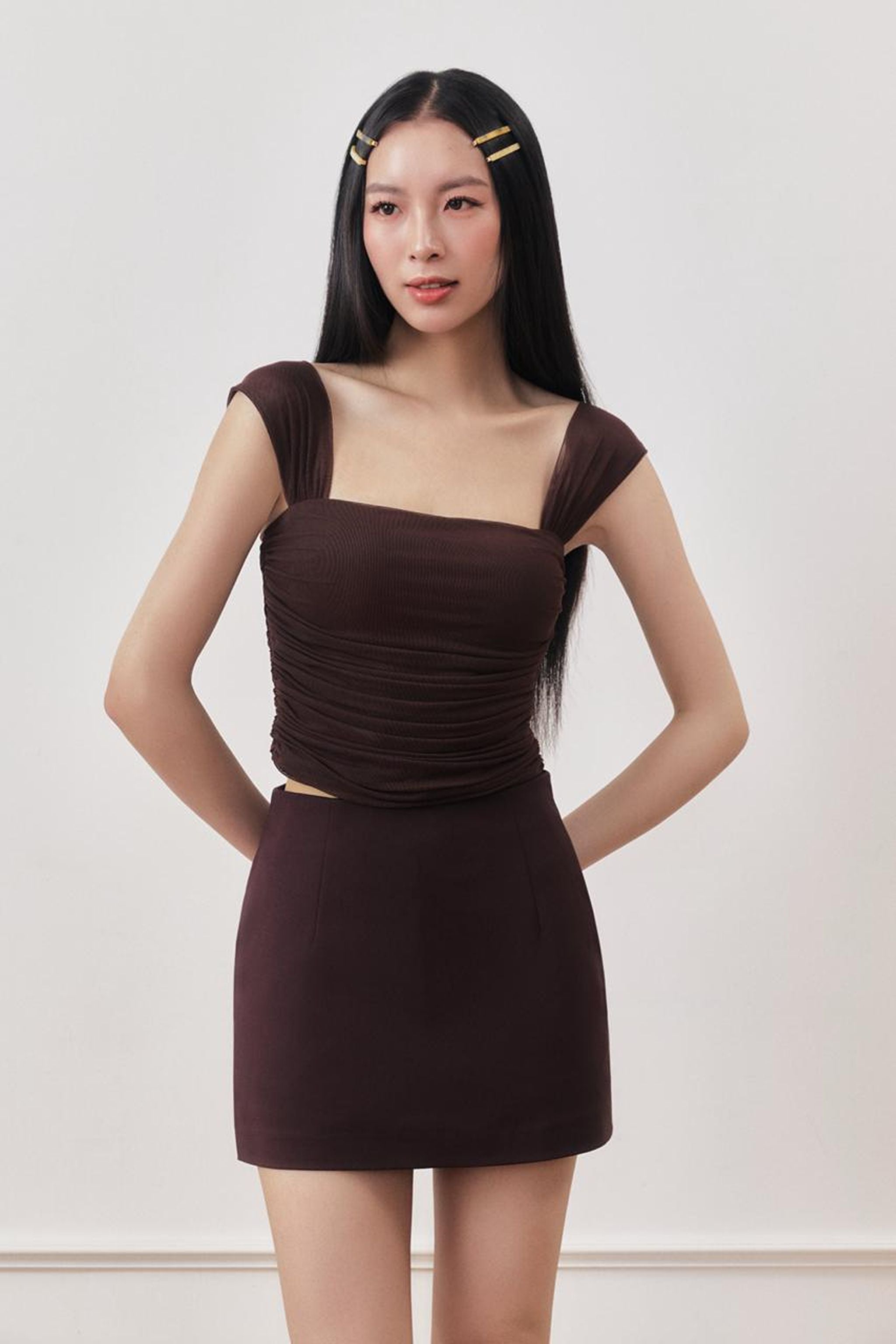 Double Take Padded Ruched Mesh Top in Coffee