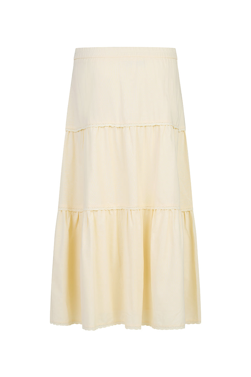 Summer House Lace Trim Tiered Linen Maxi Skirt in Yellow Creme