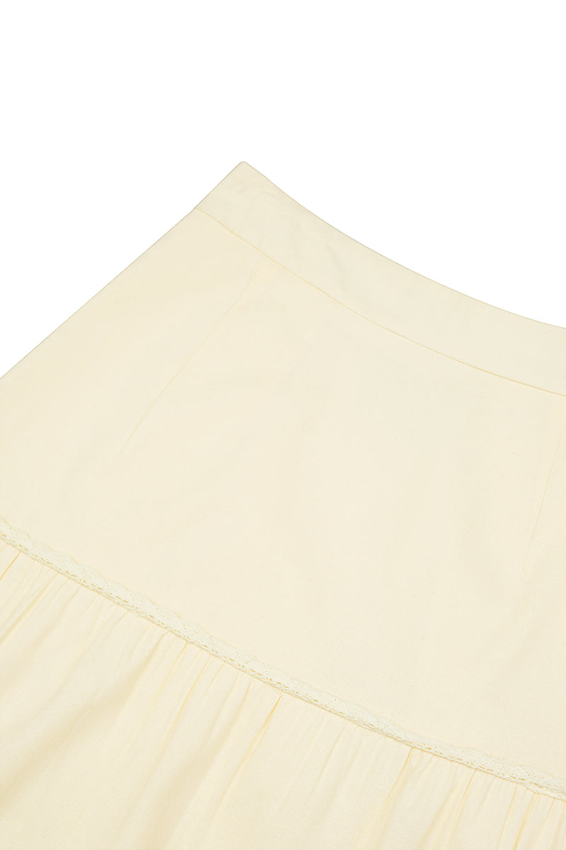 Summer House Lace Trim Tiered Linen Maxi Skirt in Yellow Creme