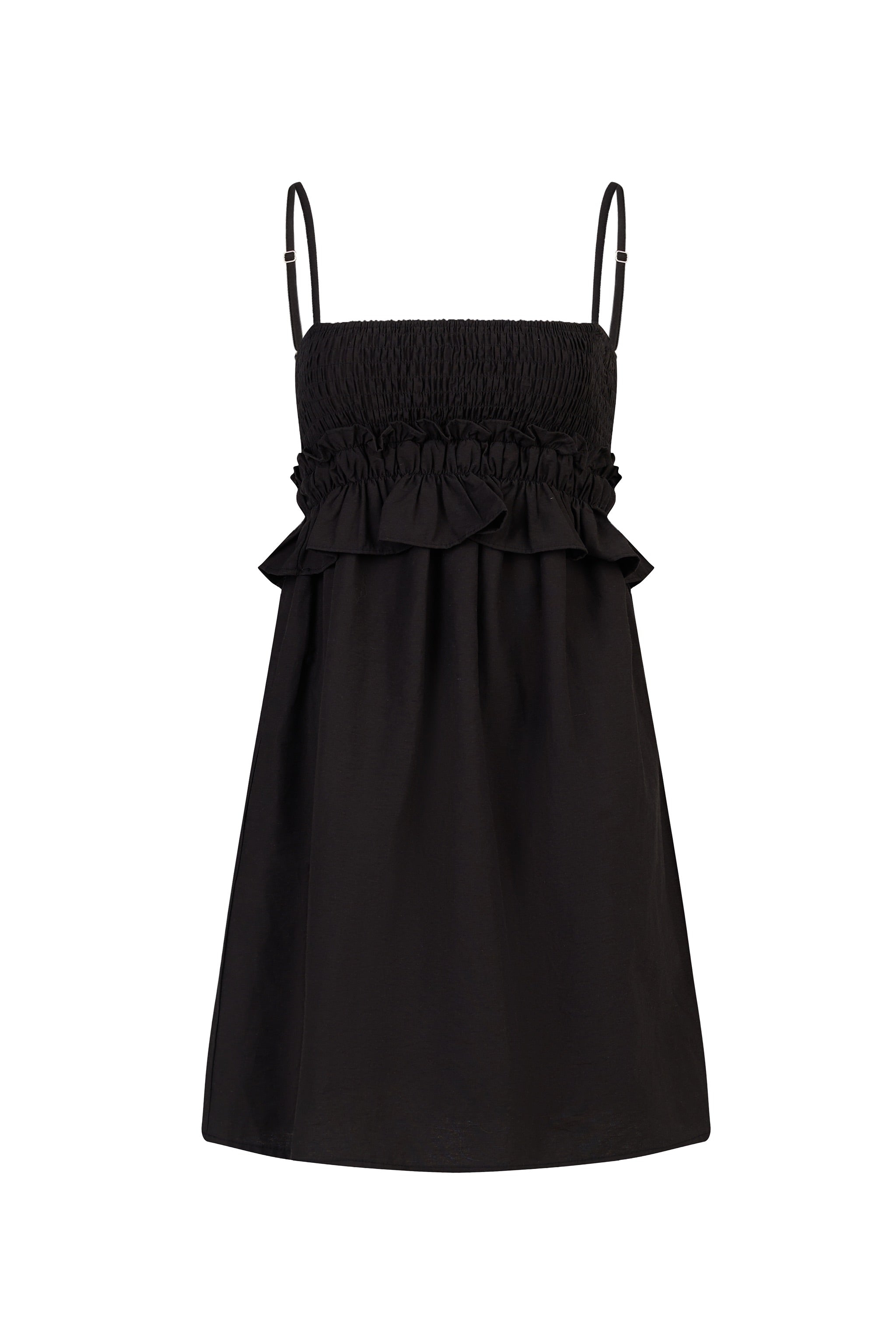 Buttercup Smocked Ruffle Babydoll Dress in Black