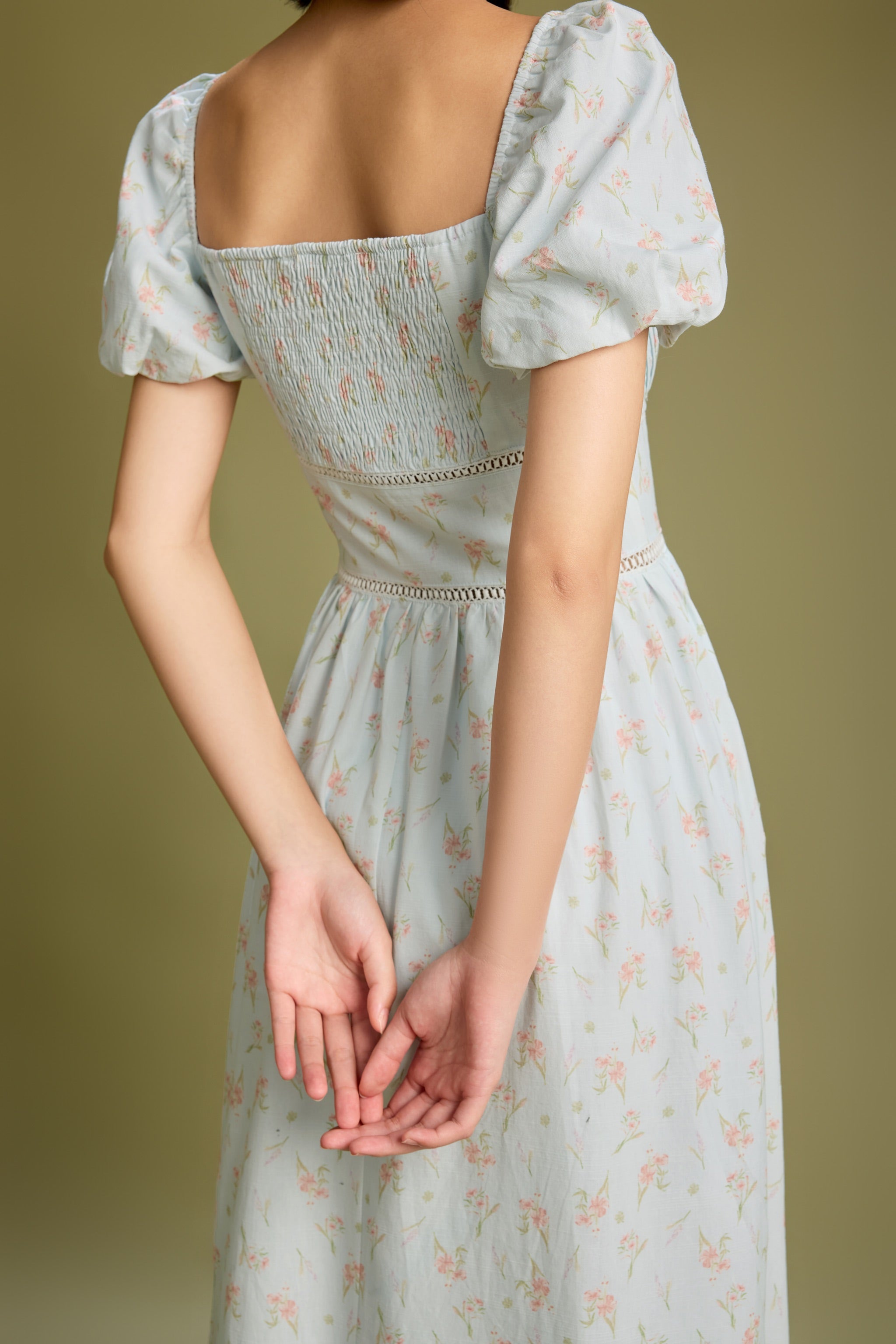 Ever After Pleated Puff Sleeve Maxi Padded Dress in Lucky Bloom (Blue)