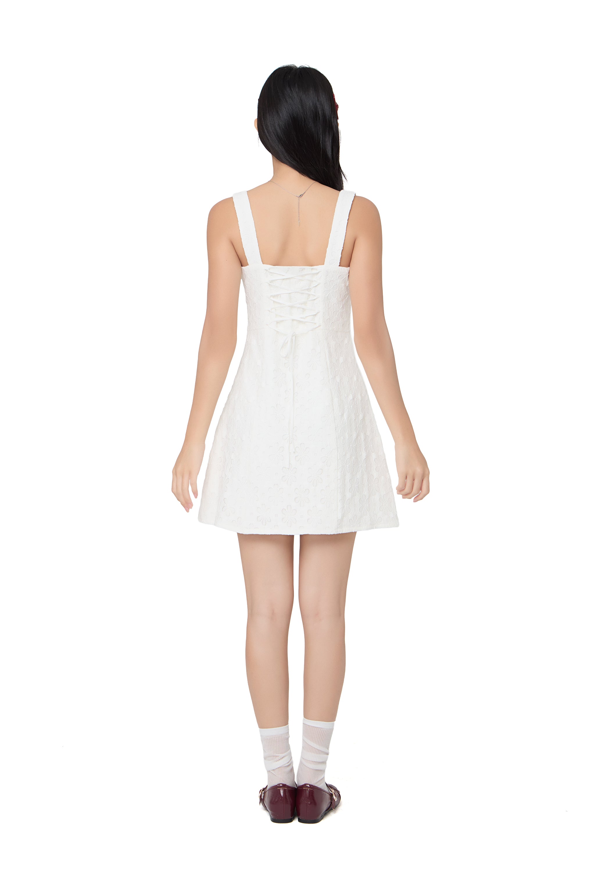 Dote On Me Lace Up Mini Dress in White