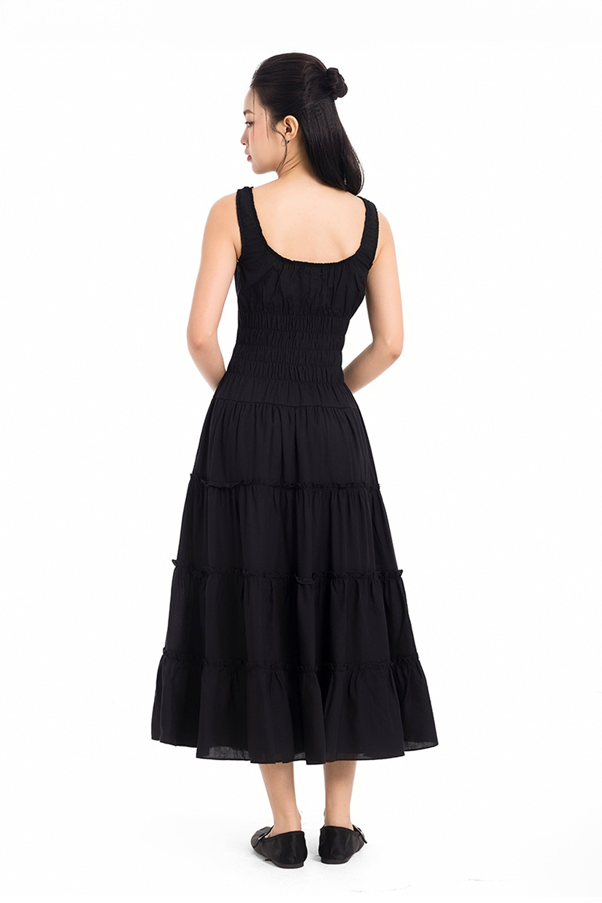 Sunday Stroll Smocked Linen Midi Dress in Black