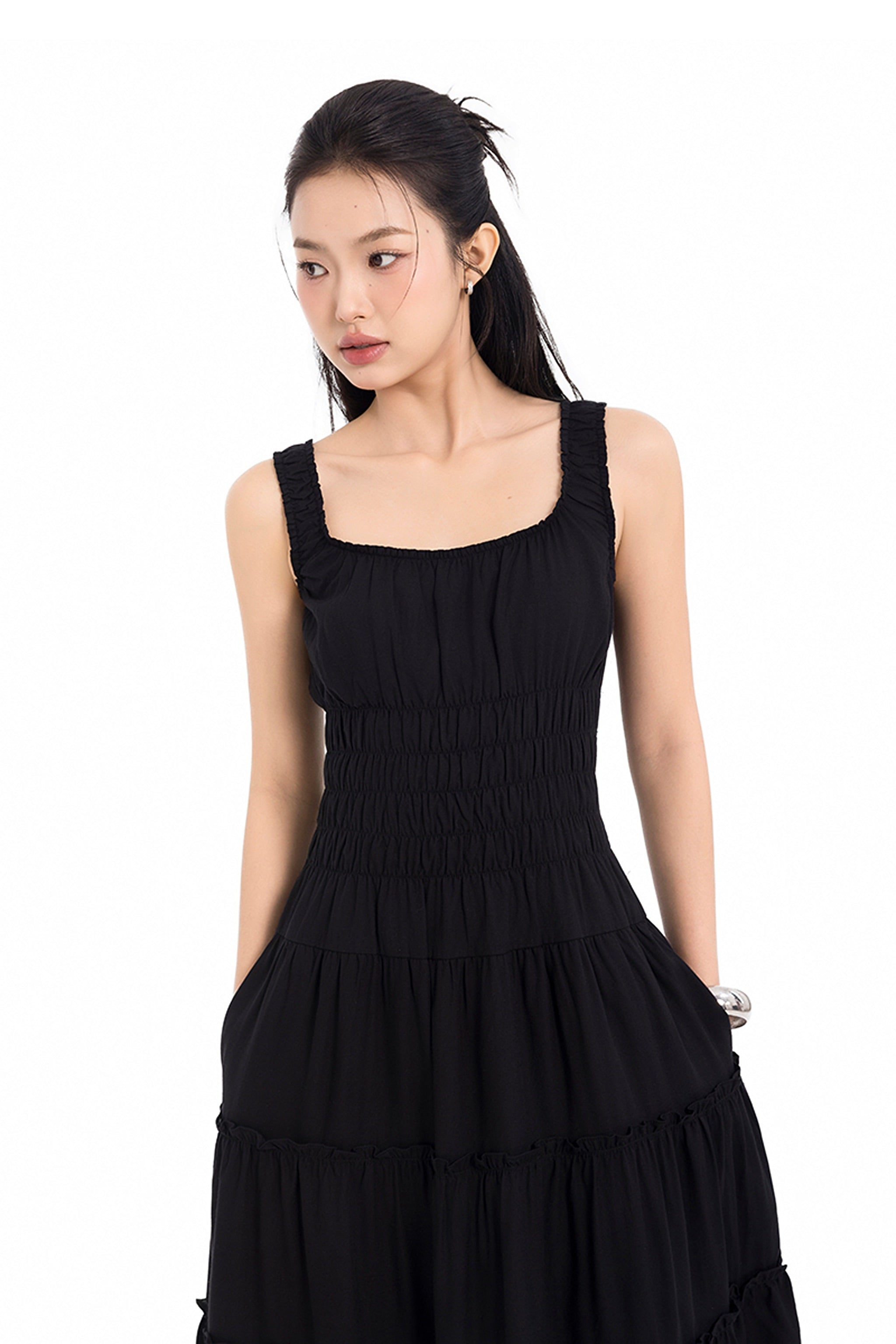 Sunday Stroll Smocked Linen Midi Dress in Black