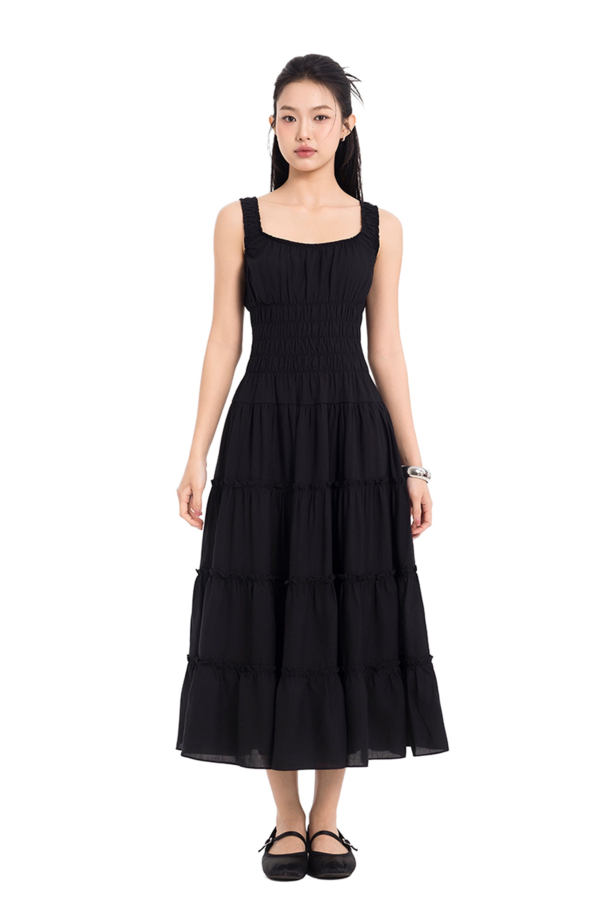Sunday Stroll Smocked Linen Midi Dress in Black