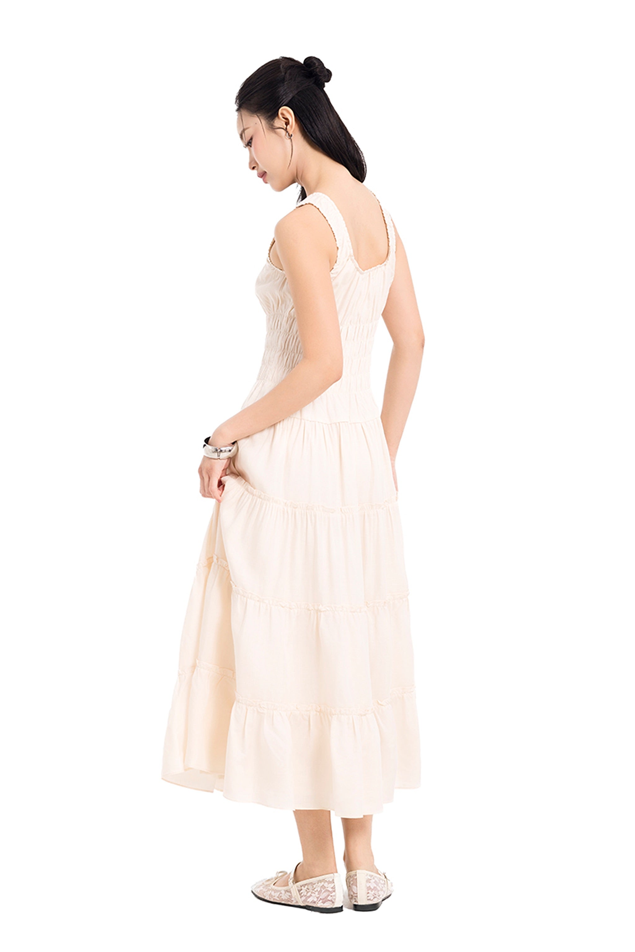 Sunday Stroll Smocked Linen Midi Dress in Cream