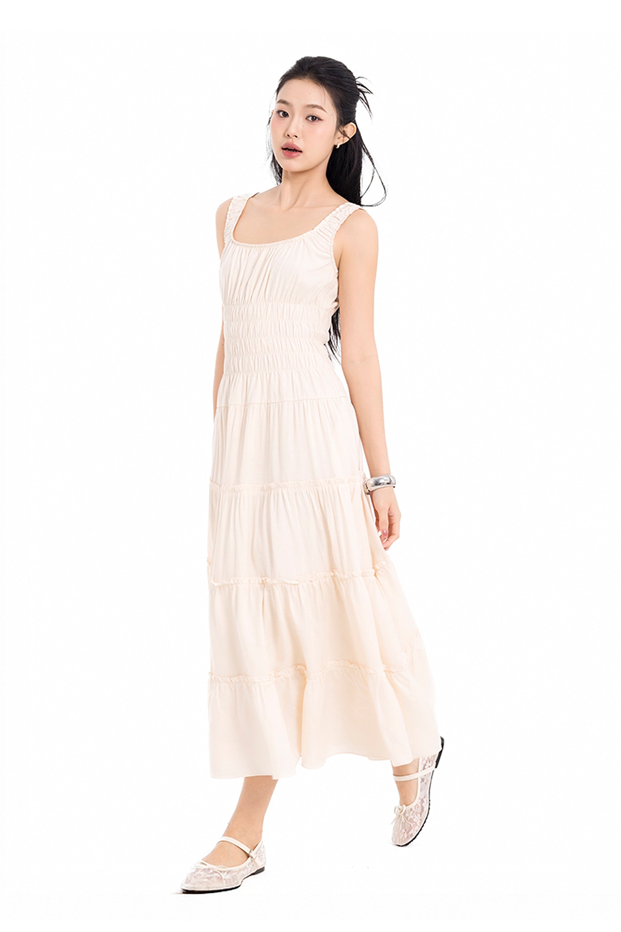 Sunday Stroll Smocked Linen Midi Dress in Cream