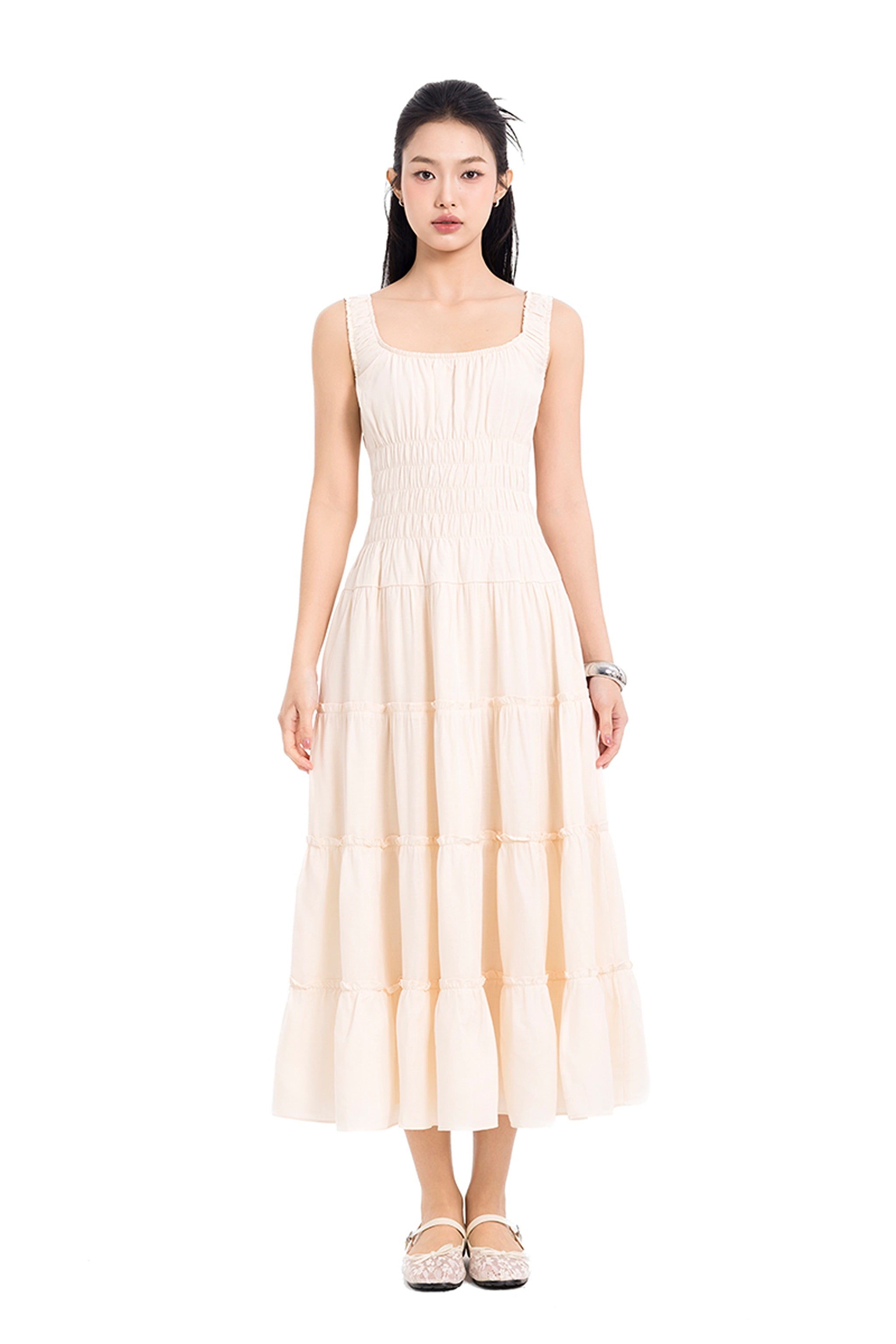 Sunday Stroll Smocked Linen Midi Dress in Cream