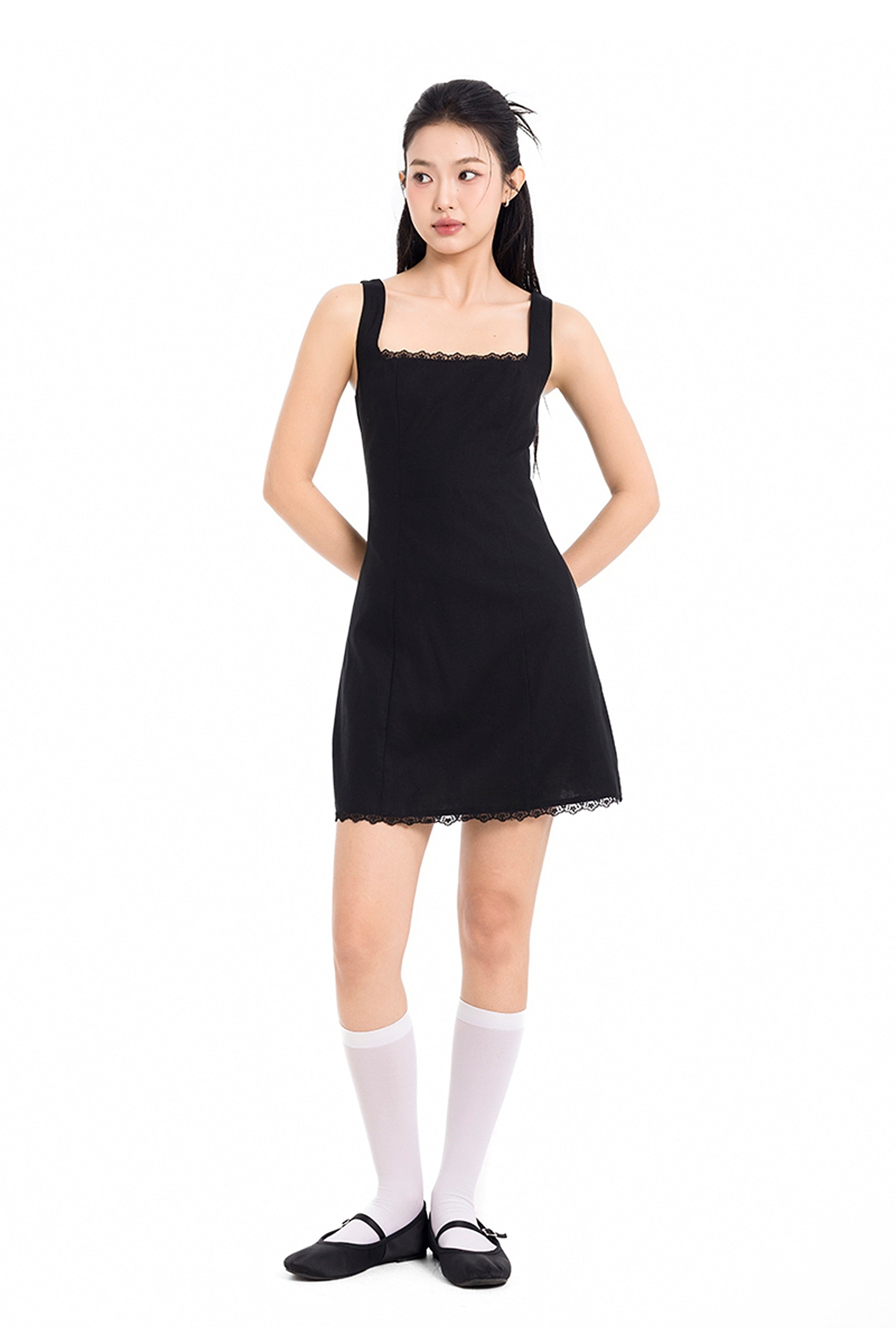 On A Whim A-Line Linen A-Line Mini Dress in Black
