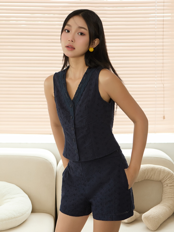 Soft Spot Lace Trim Eyelet V-neck Top in Navy