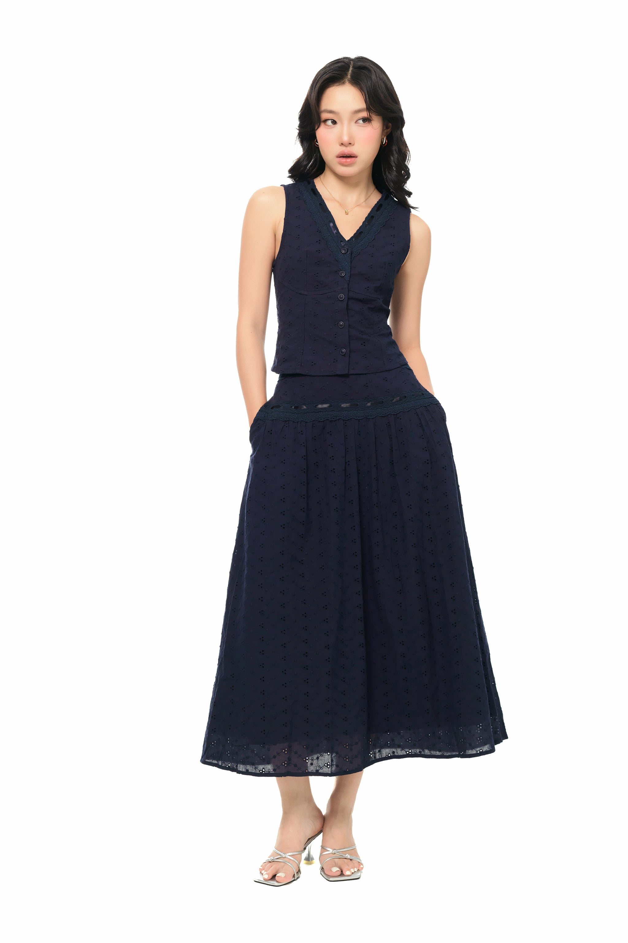 [BUNDLE SET] Soft Spot Top & Riding Round Skirt in Navy