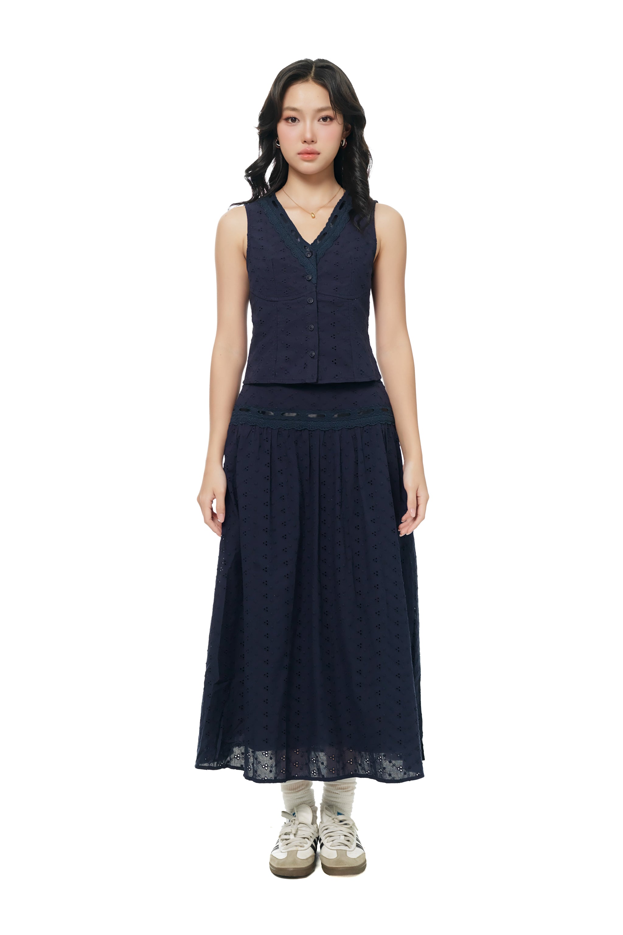 Riding Round Eyelet Midi Skirt in Navy