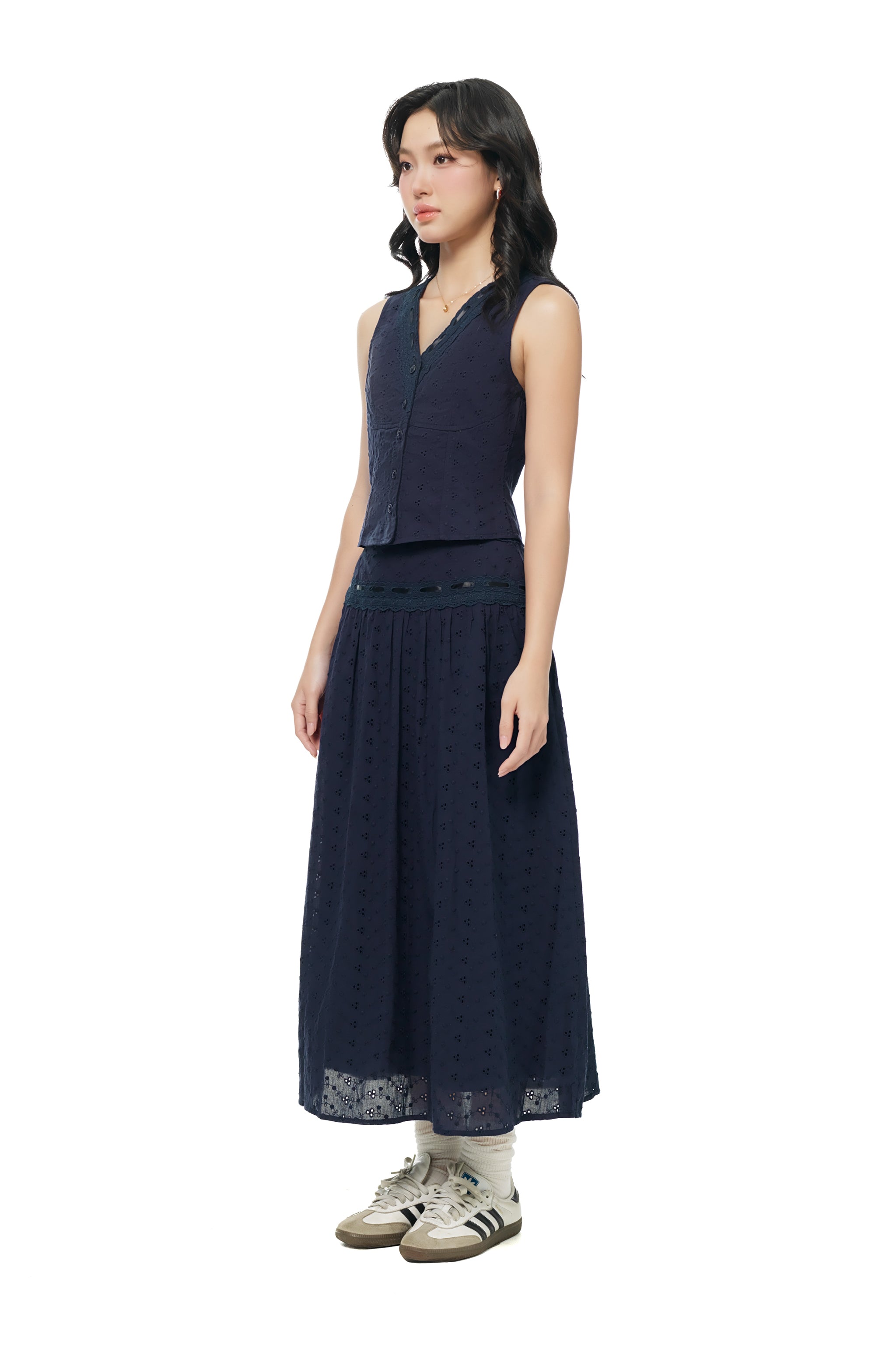 Riding Round Eyelet Midi Skirt in Navy
