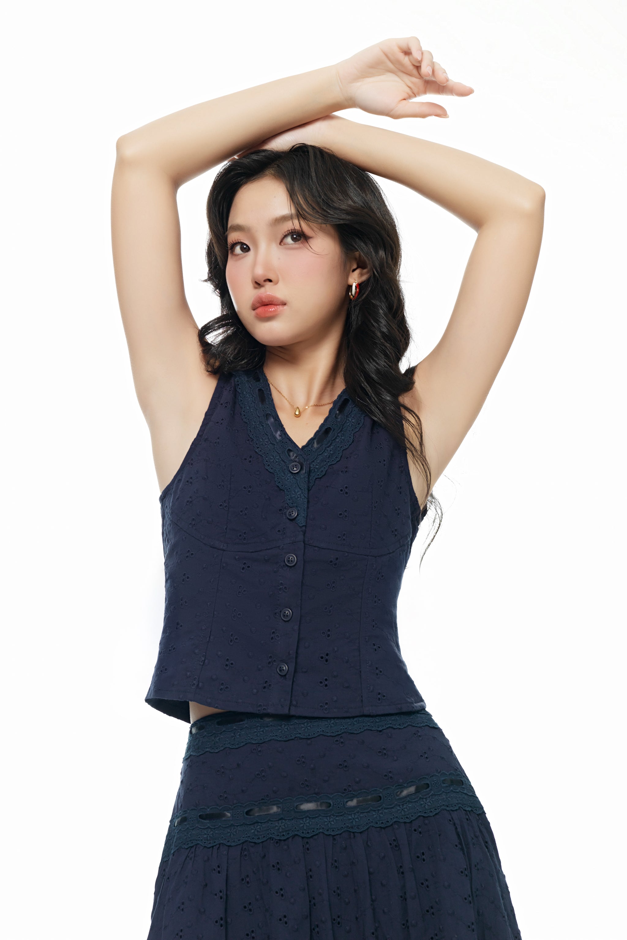 Soft Spot Lace Trim Eyelet V-neck Top in Navy