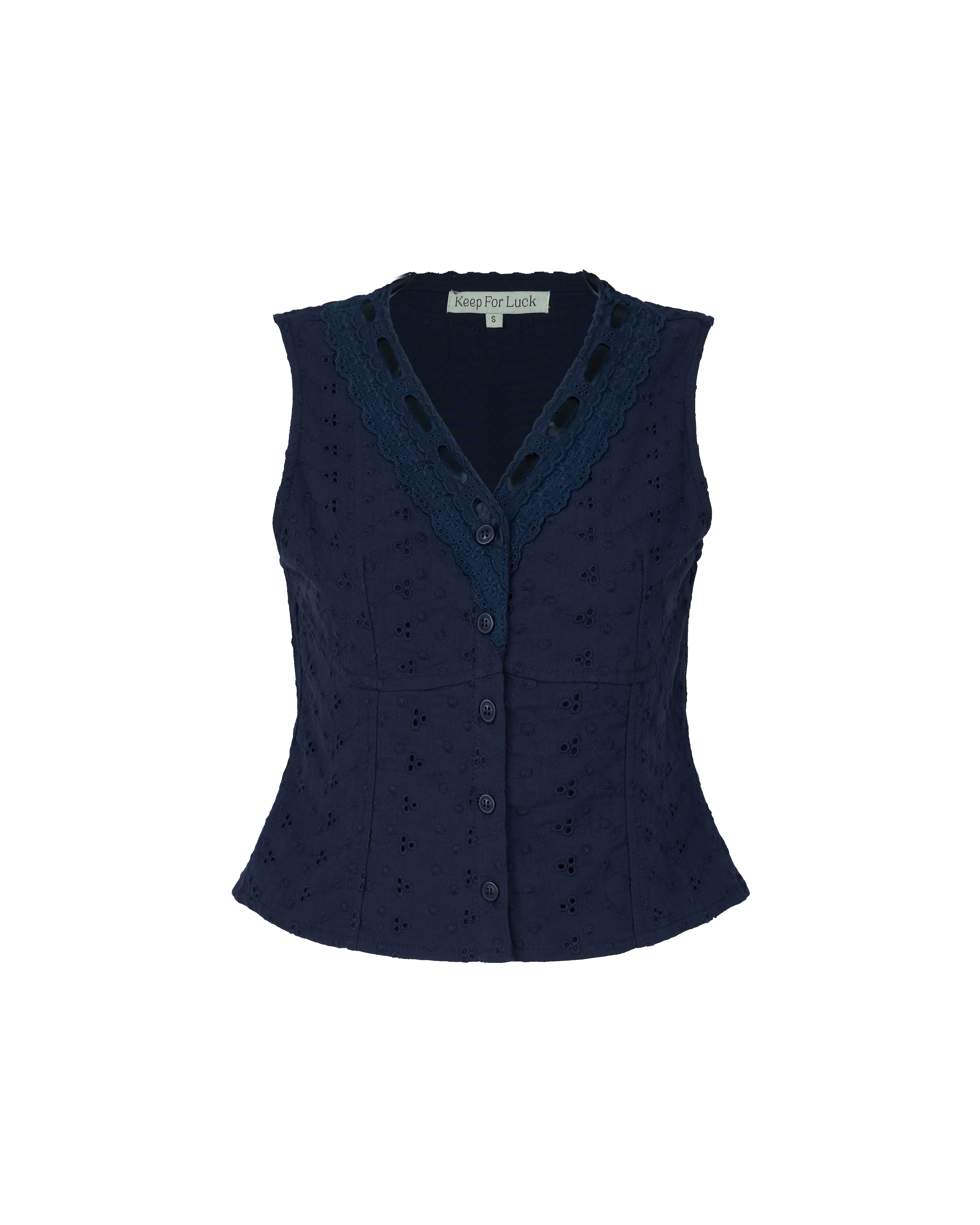 Soft Spot Lace Trim Eyelet V-neck Top in Navy