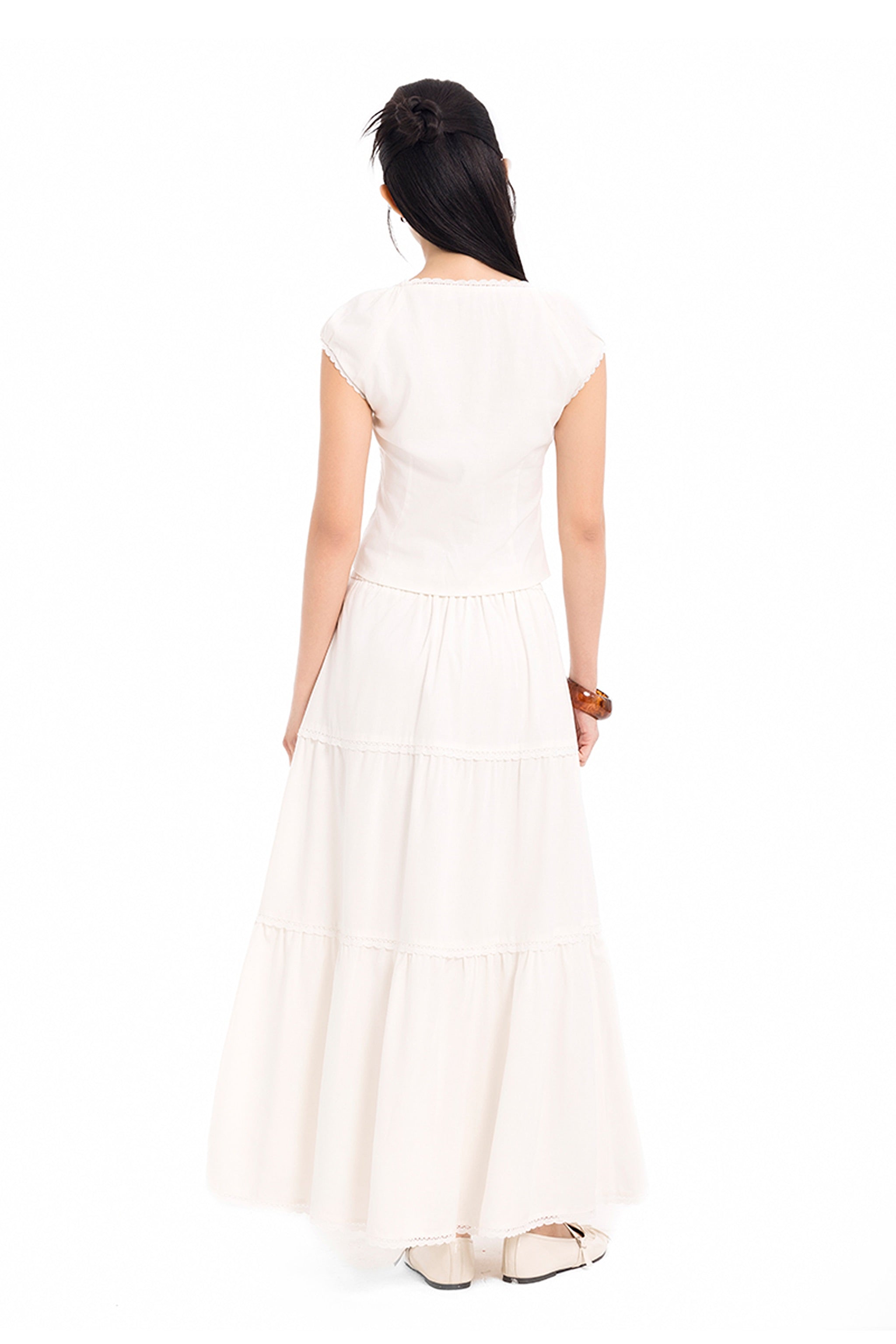 Summer House Lace Trim Tiered Linen Maxi Skirt in White