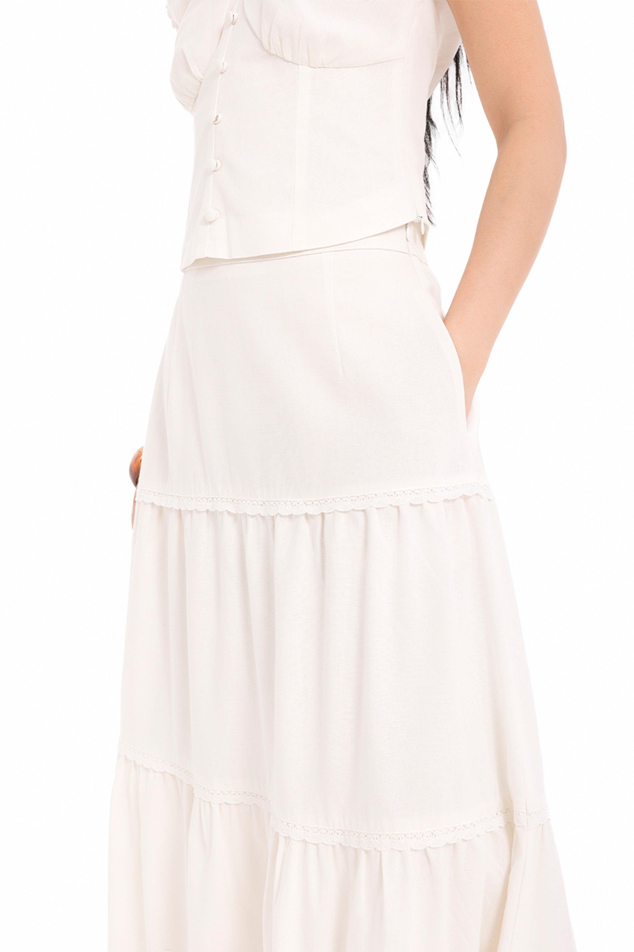 Summer House Lace Trim Tiered Linen Maxi Skirt in White