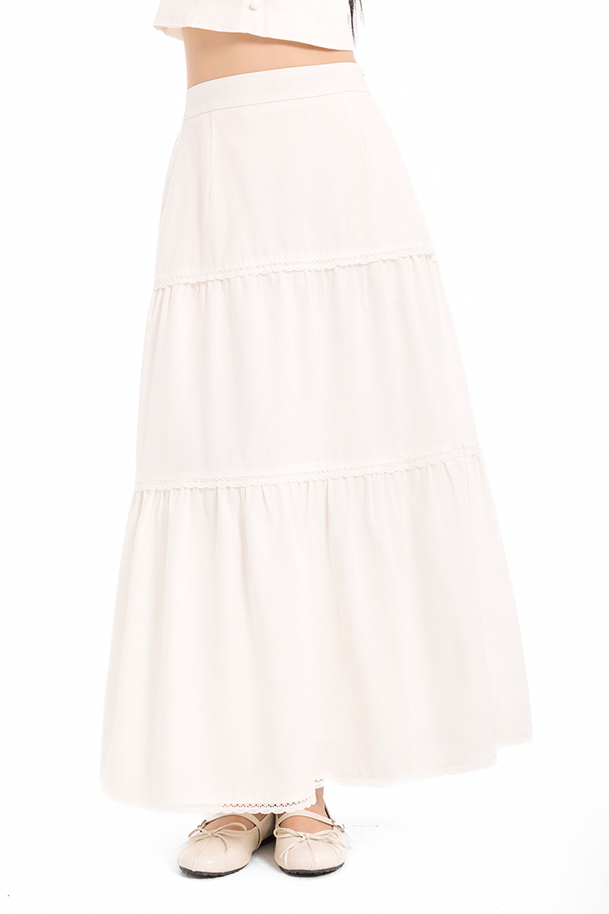 Summer House Lace Trim Tiered Linen Maxi Skirt in White