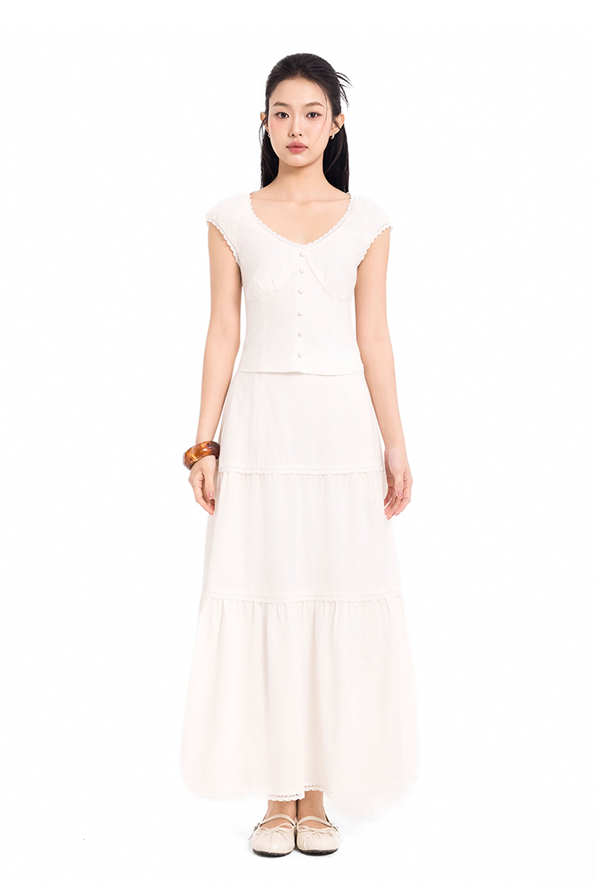 Summer House Lace Trim Tiered Linen Maxi Skirt in White