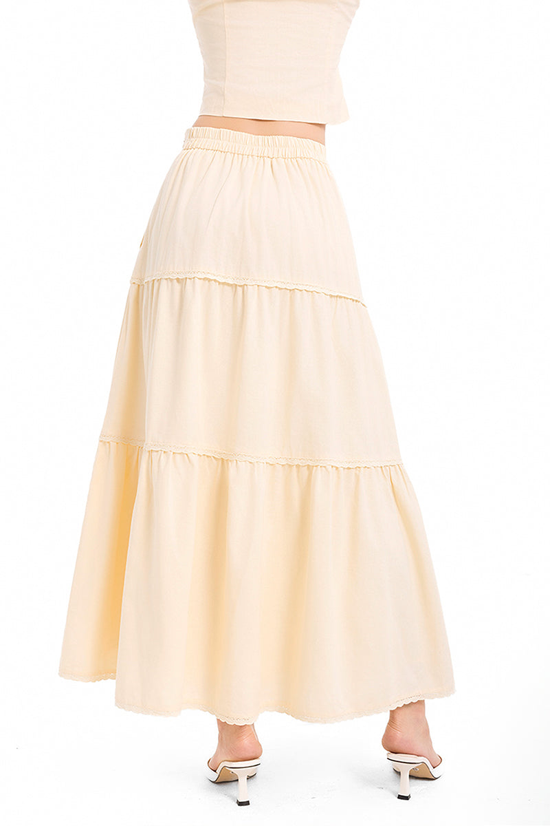 Summer House Lace Trim Tiered Linen Maxi Skirt in Yellow Creme