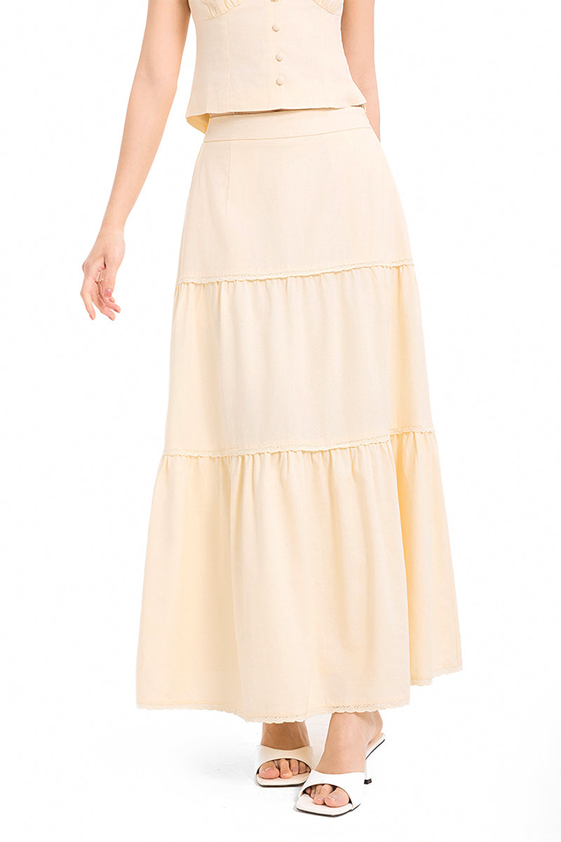 Summer House Lace Trim Tiered Linen Maxi Skirt in Yellow Creme