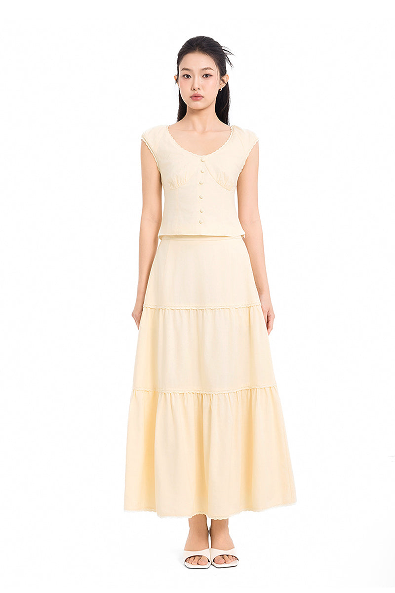 Summer House Lace Trim Tiered Linen Maxi Skirt in Yellow Creme