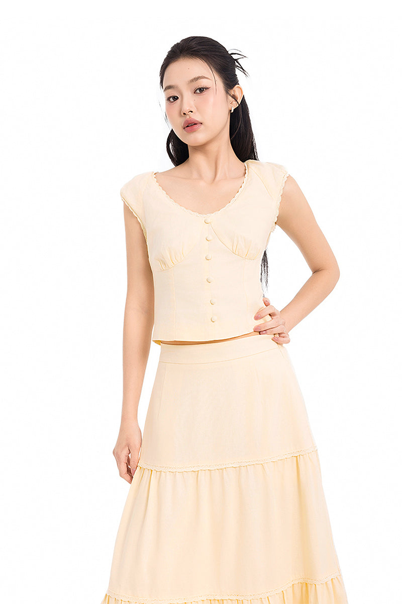 Honey Season Linen Cap Sleeve Top in Yellow Creme