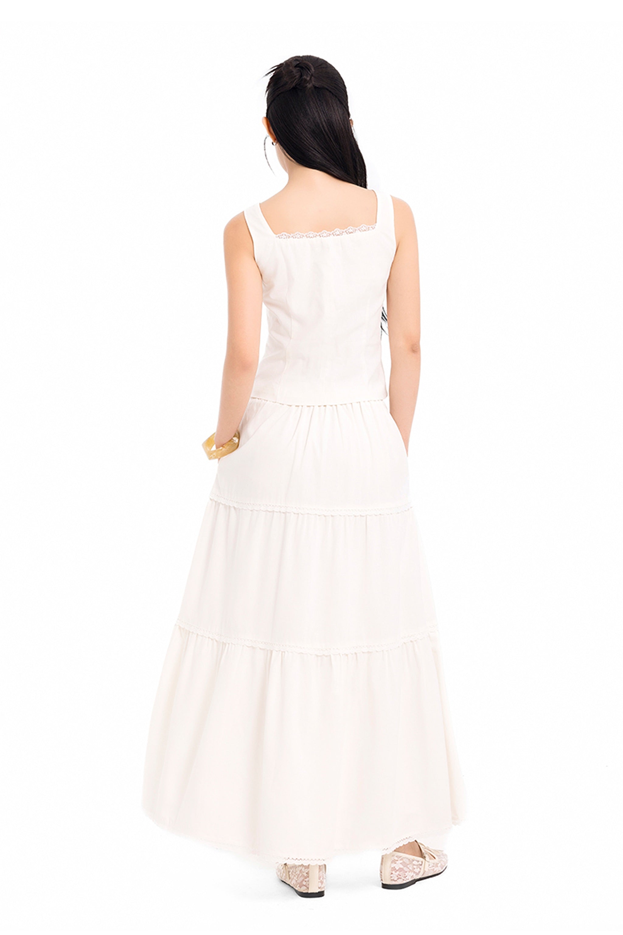 Daylight Plans Lace Trim Linen Square Neck Top in White