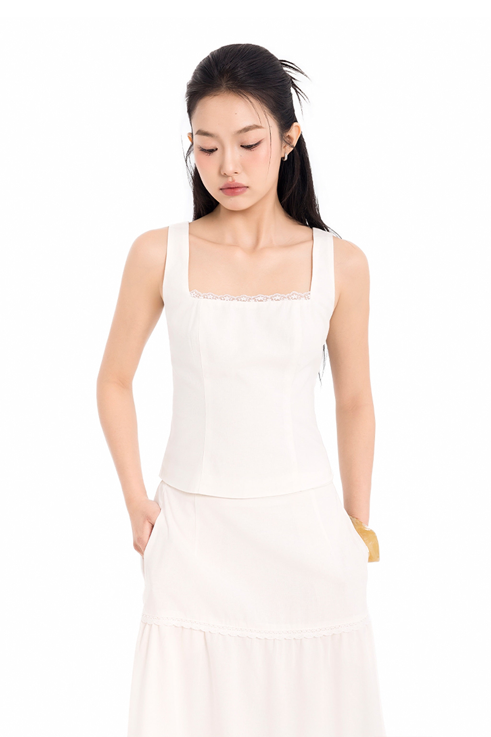 Daylight Plans Lace Trim Linen Square Neck Top in White