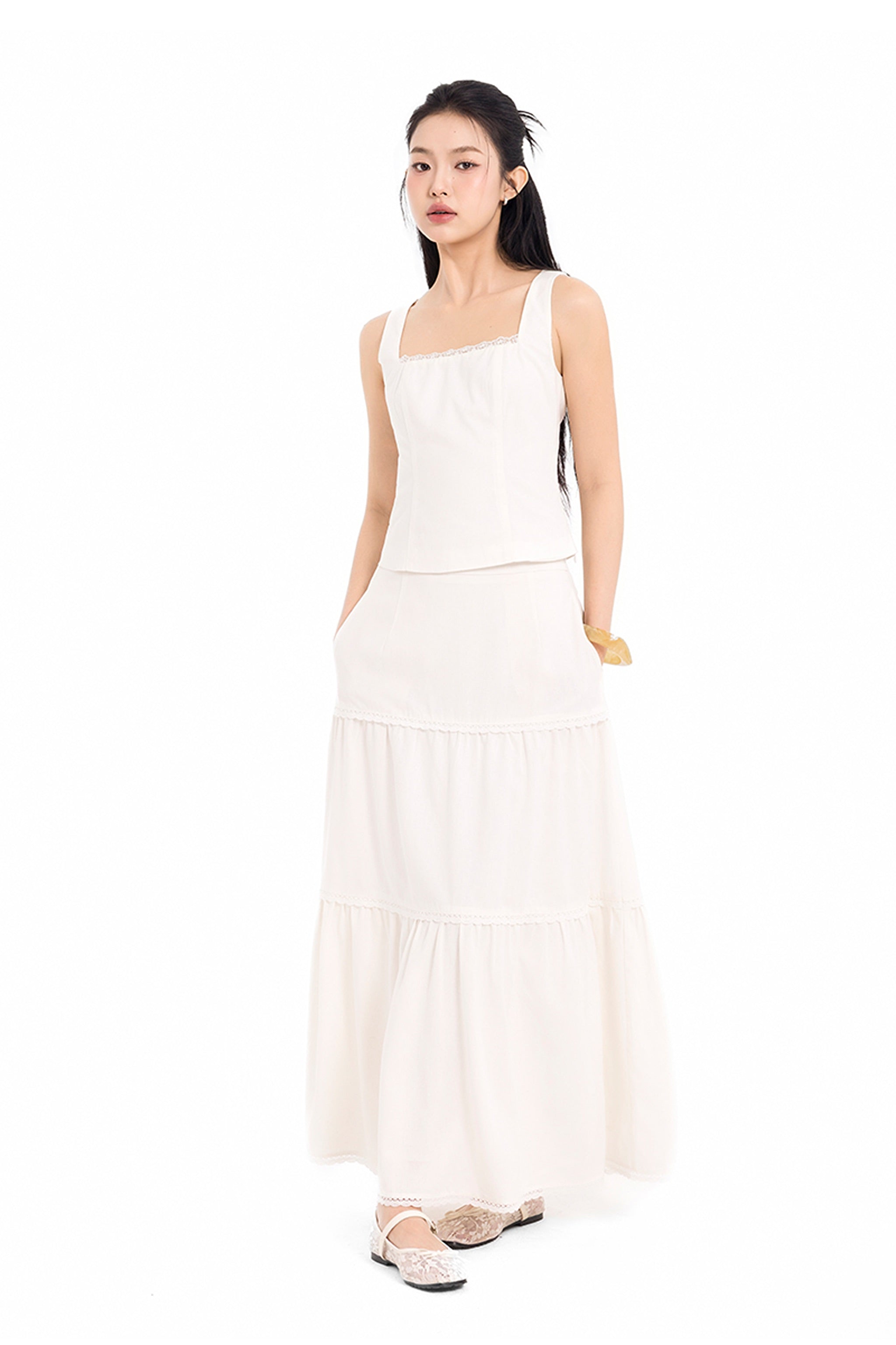 Daylight Plans Lace Trim Linen Square Neck Top in White