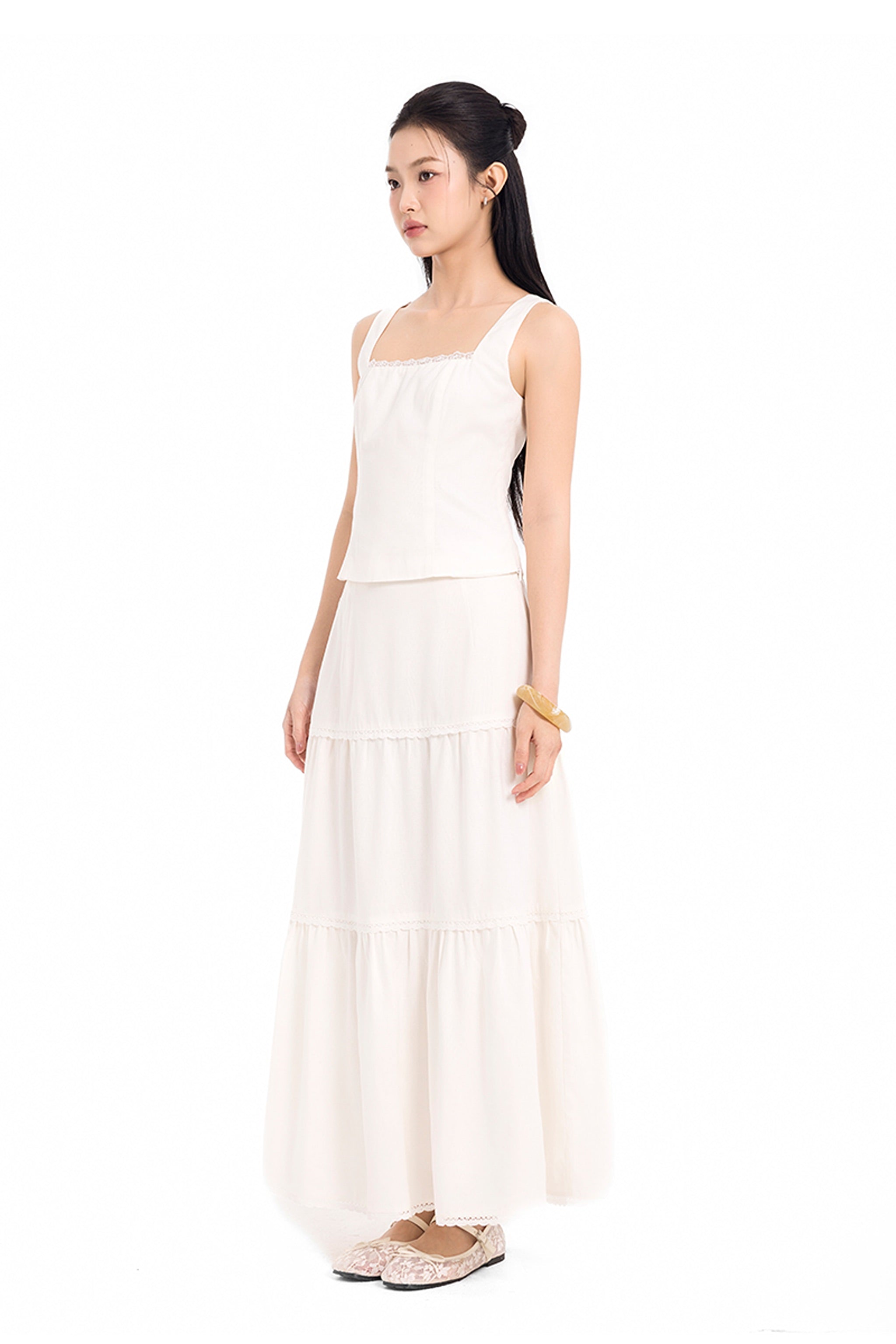 Daylight Plans Lace Trim Linen Square Neck Top in White