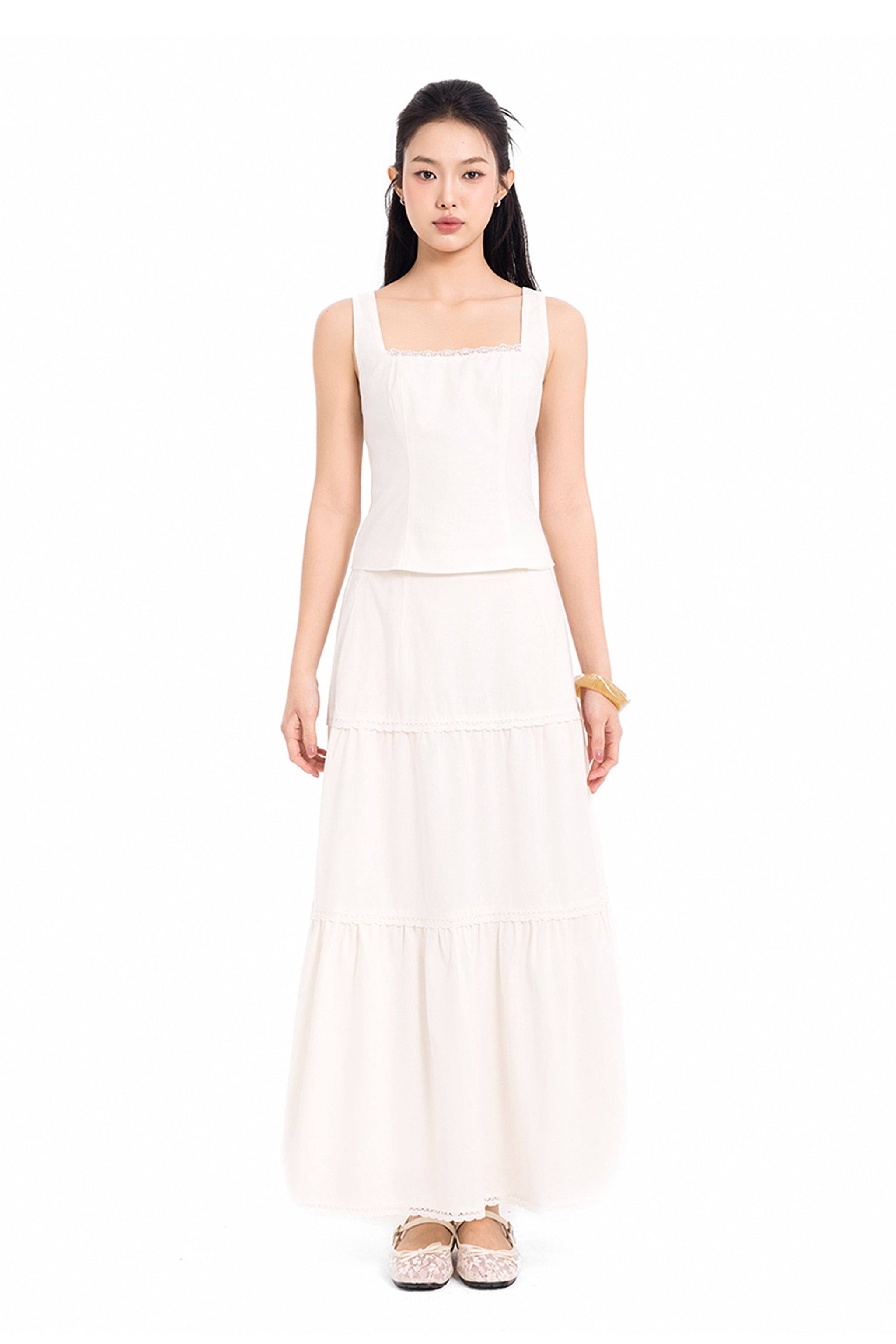 Daylight Plans Lace Trim Linen Square Neck Top in White