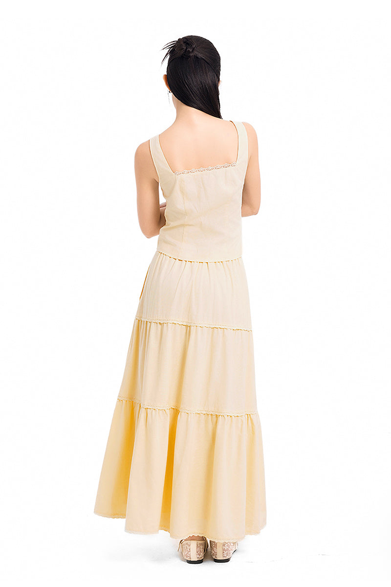 Daylight Plans Lace Trim Linen Square Neck Top in Yellow Creme
