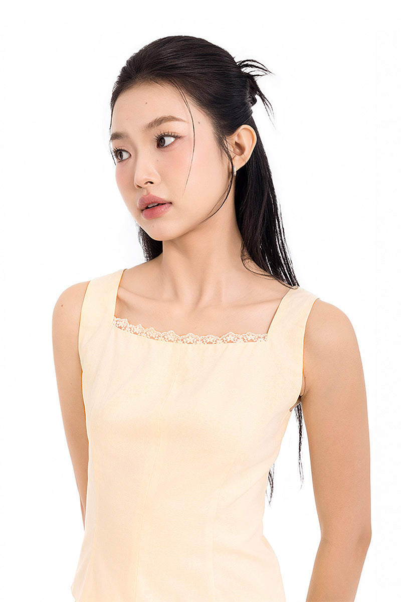 Daylight Plans Lace Trim Linen Square Neck Top in Yellow Creme