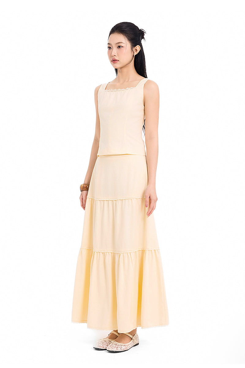 Daylight Plans Lace Trim Linen Square Neck Top in Yellow Creme
