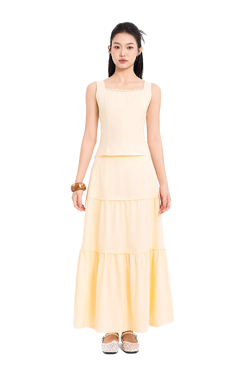 Daylight Plans Lace Trim Linen Square Neck Top in Yellow Creme