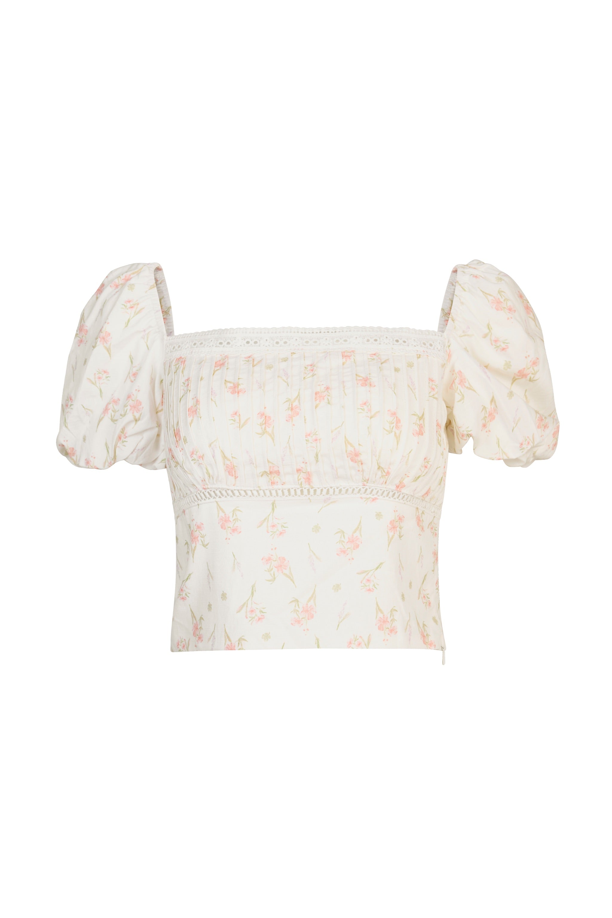 Daydream Pleated Puff Sleeve Padded Top in Lucky Bloom (Cream)