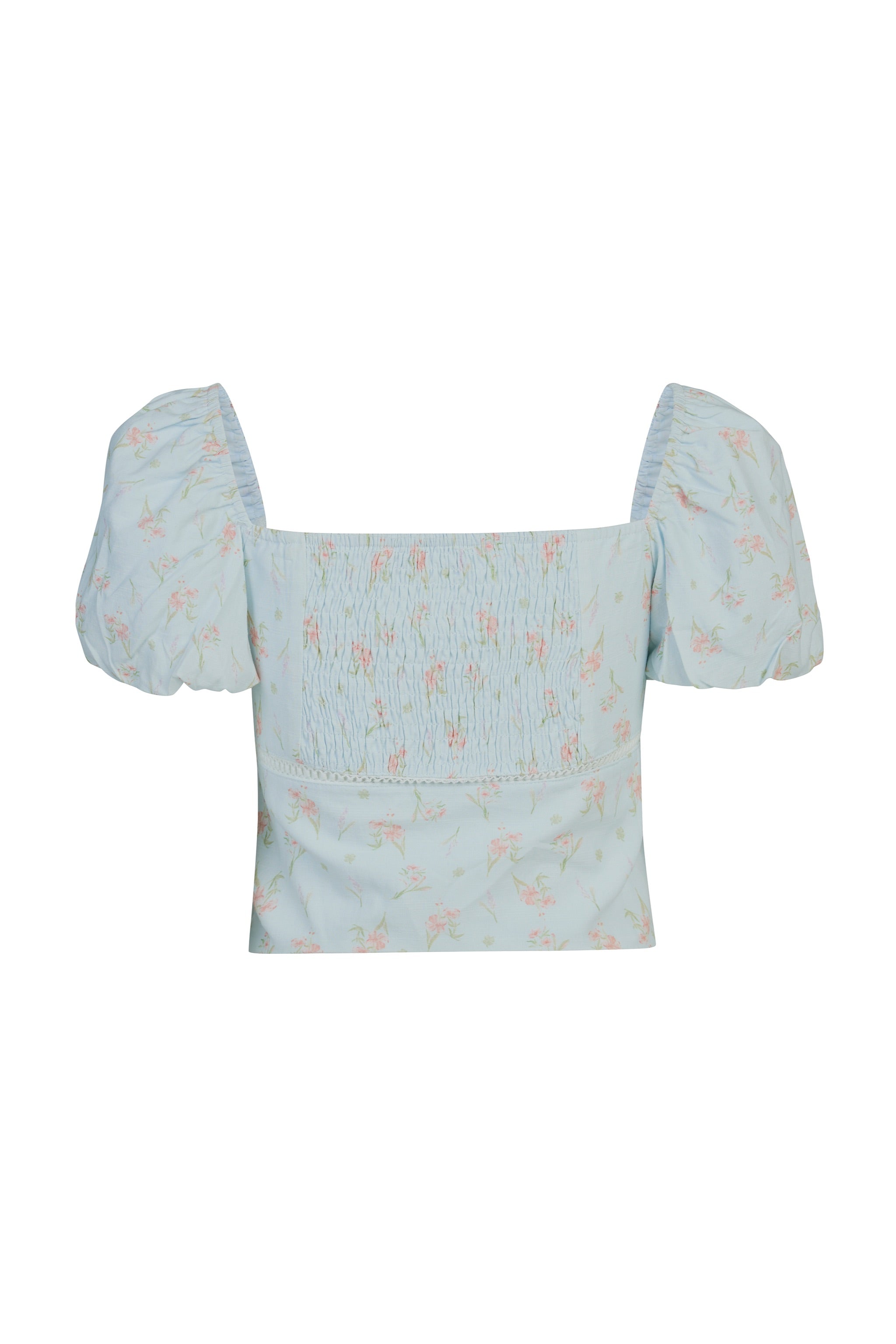 Daydream Pleated Puff Sleeve Padded Top in Lucky Bloom (Blue)